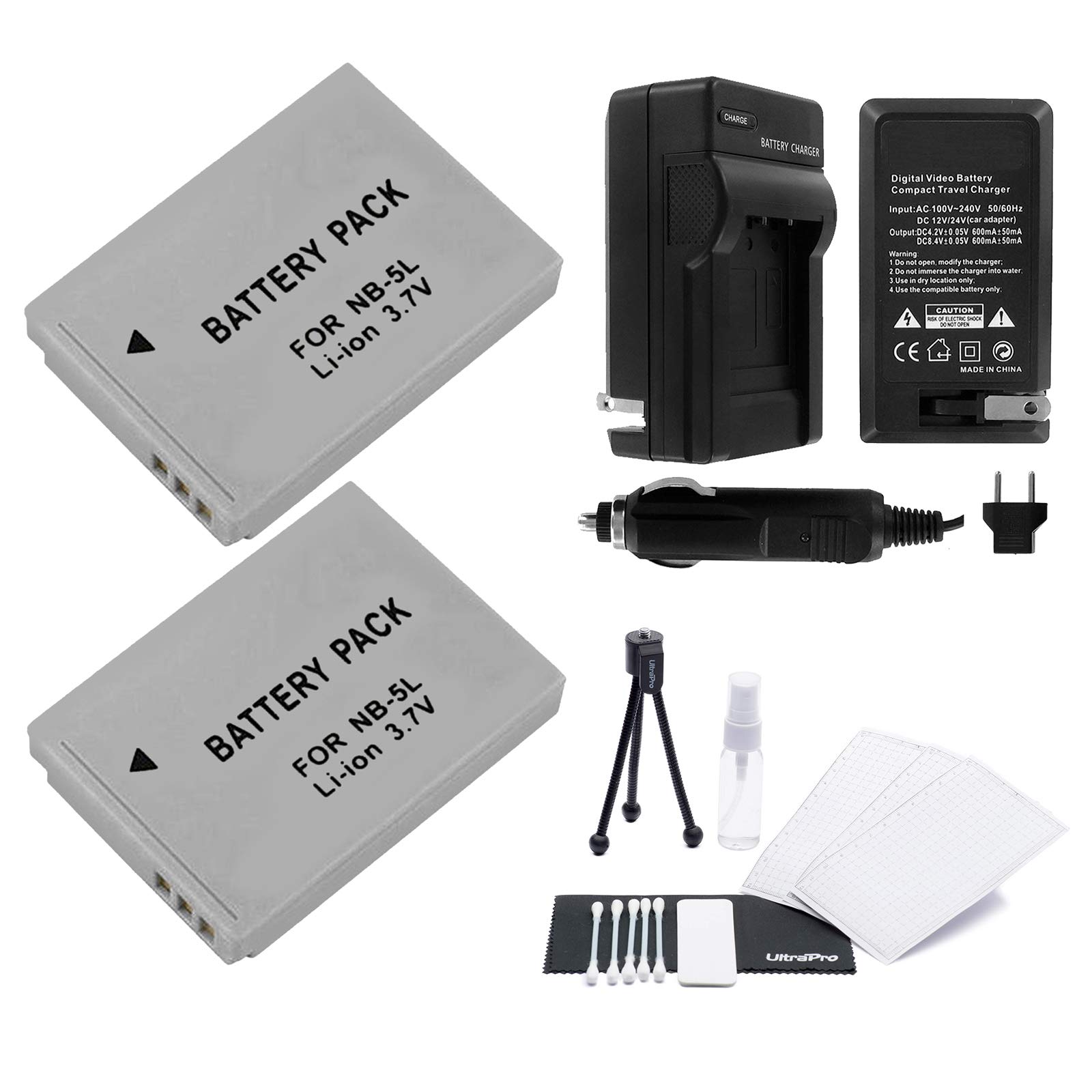UltraPro 2-Pack NB-5L Replacement Batteries with Rapid Travel Charger for Canon PowerShot SD950, SD970, SD990 Digital Cameras - Includes Camera Cleaning Kit, Screen Protector & Mini Tripod - Perfect for Travel, Photography & Outdoor Adventures