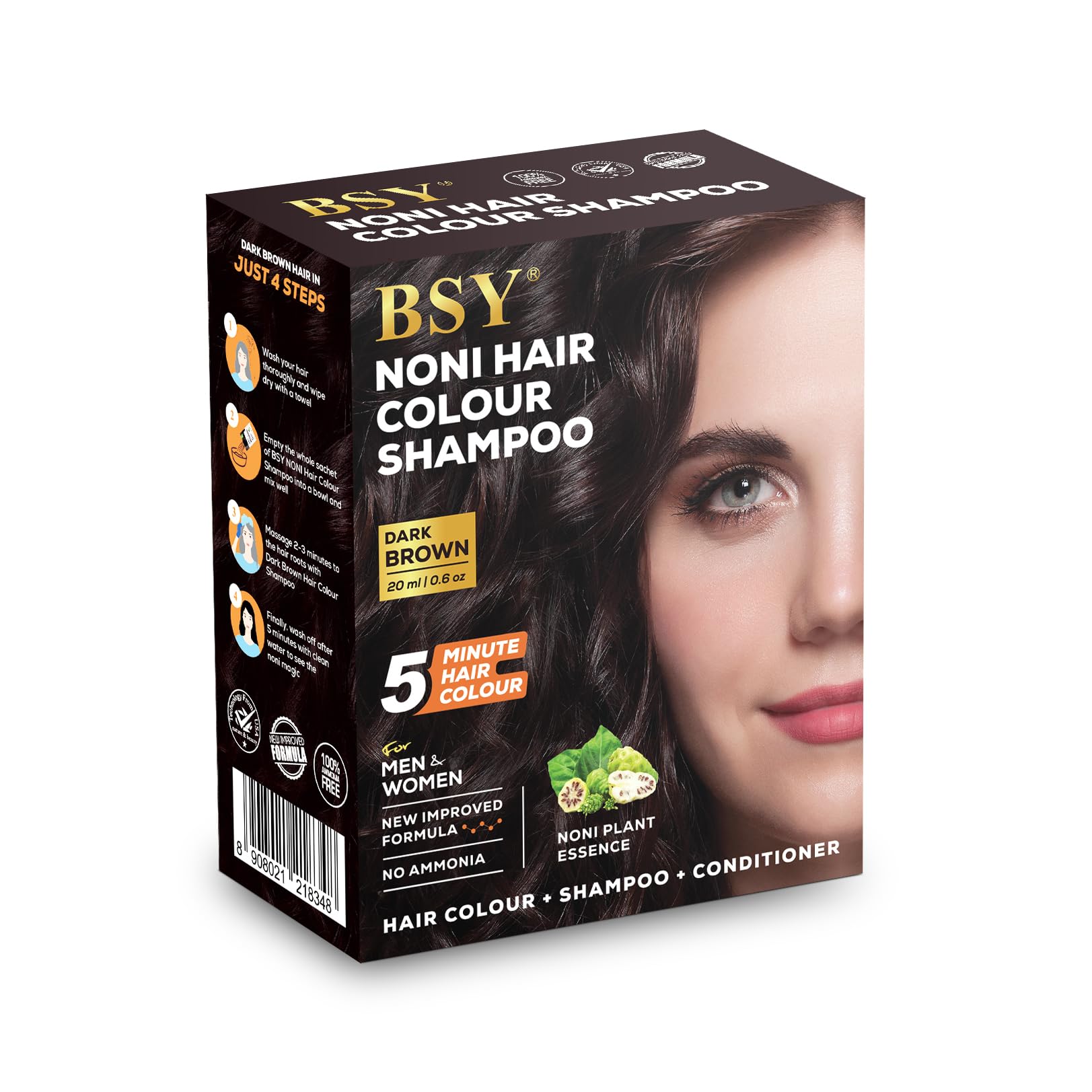 BSY Noni Dark Brown Hair Color Shampoo (20ml x 6 Pack) | Ammonia-Free Permanent Hair Dye for Men & Women | Natural Noni Fruit Extract | Quick 5-Minute Coloring | Perfect for Home Use, Travel & Touch-Ups