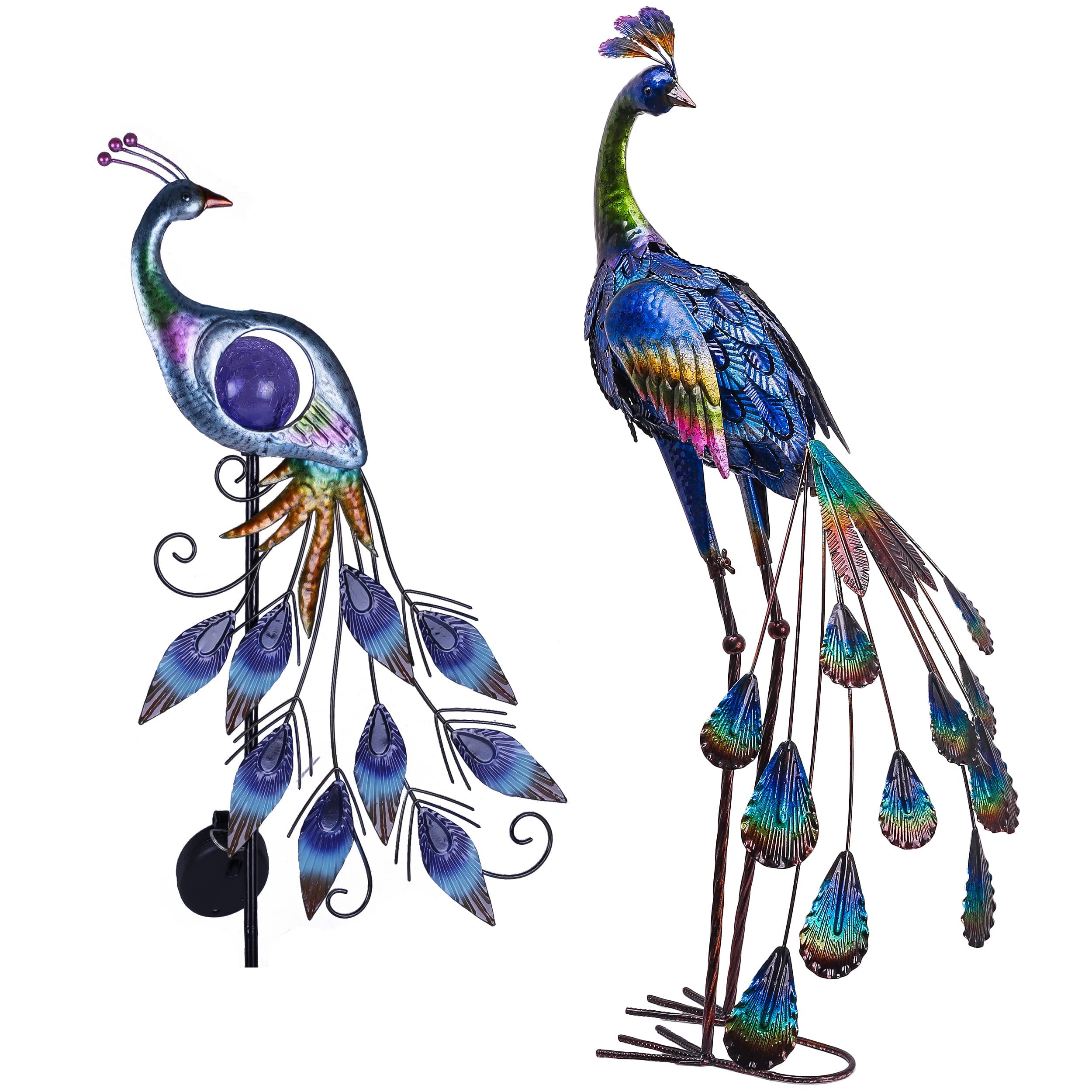 TERESA'S COLLECTIONS 31.5 Inch Solar Peacock Stake Lights & 35 Inch Metal Peacock Garden Statue - Outdoor Decor for Patio, Lawn & Yard | Elegant Solar-Powered Lighting & Decorative Metal Sculpture for Garden Landscaping