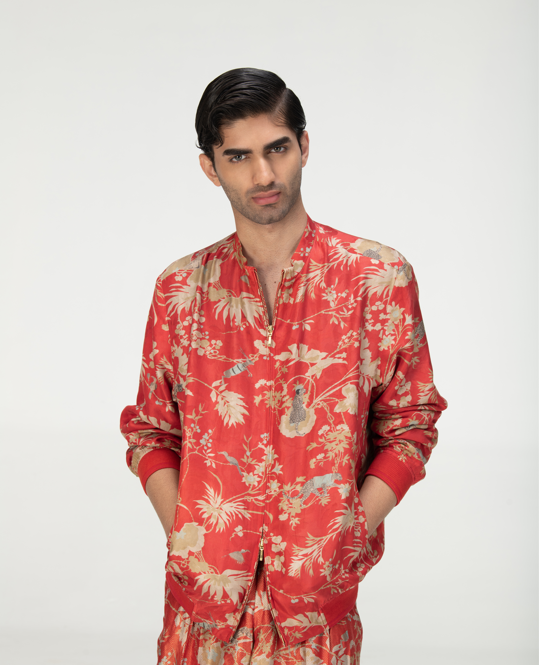 Janbaaz Men's Silk Bomber Jacket - Red Damask Print, Lightweight & Stylish for Casual Wear, Night Out, and Street Fashion