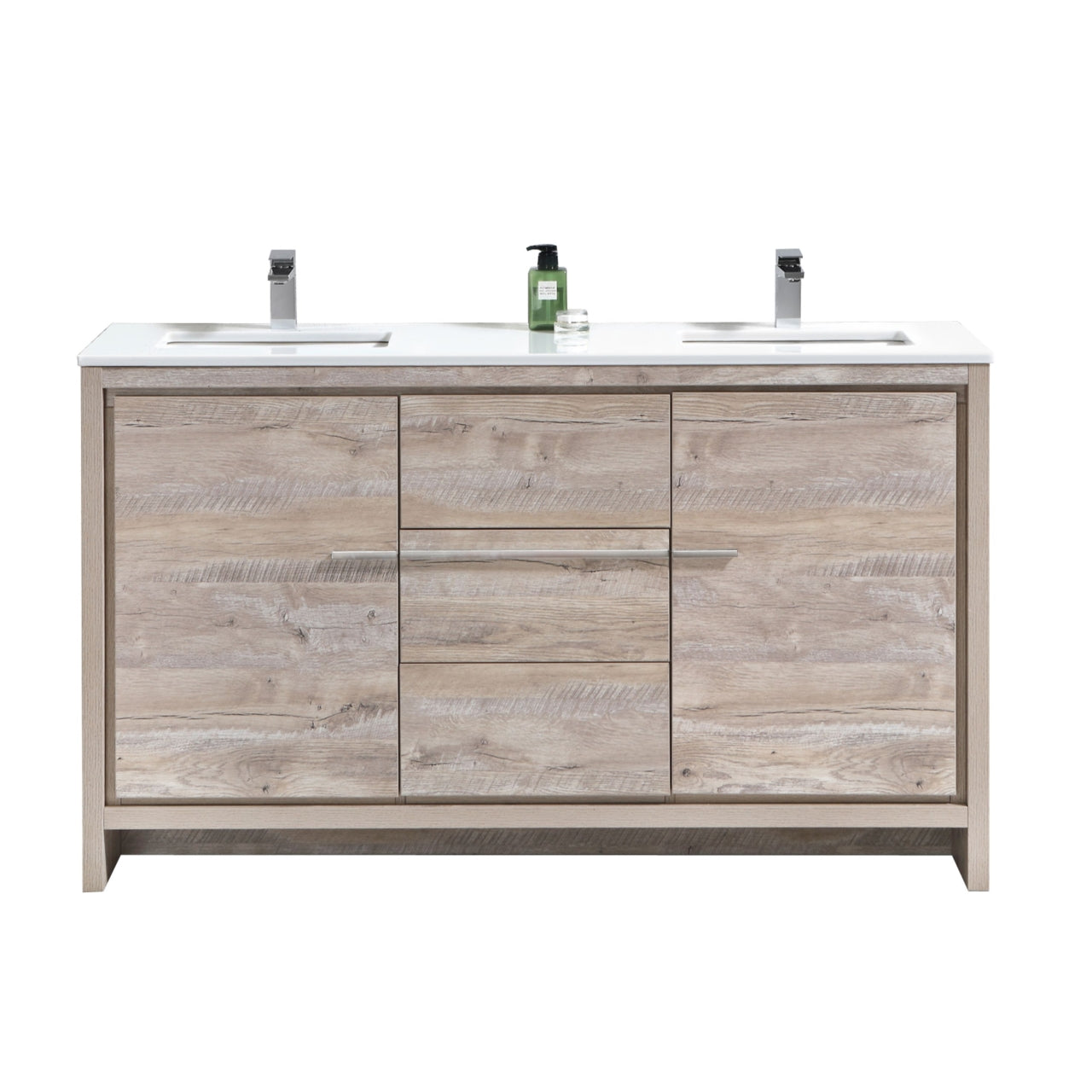 Modern Double Sink Bathroom Vanity with Nature Wood & Quartz Countertop - Floor Standing AD60 for Contemporary Homes & Luxury Bathrooms