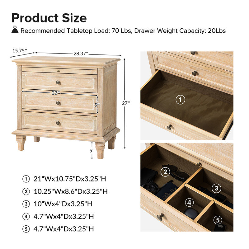 Galatea 3-Drawer Nightstand with USB Charging Ports & Power Outlets - Modern Bedside Table with Storage for Bedroom, Living Room or Office