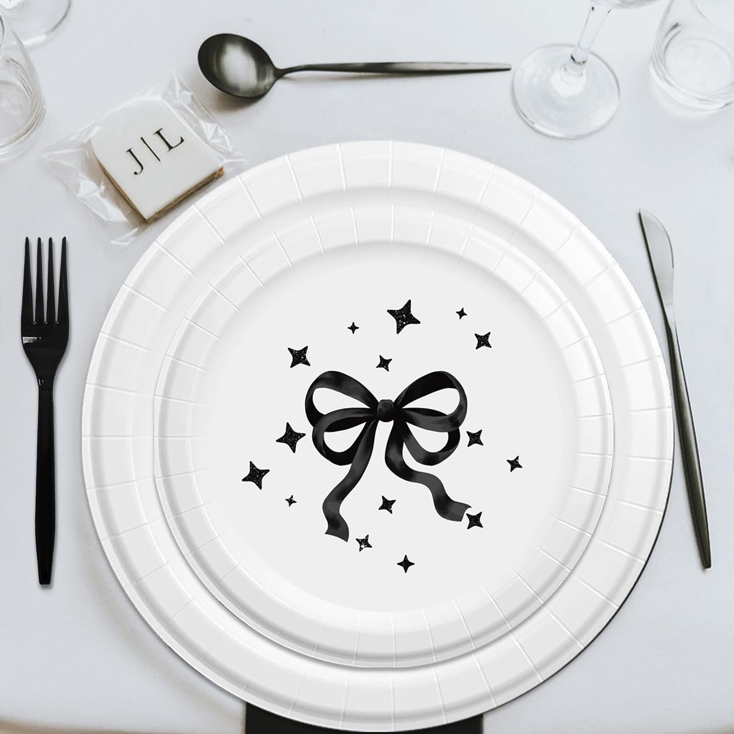 96Pcs Black Bow Birthday Party Supplies Set - Includes Napkins, Plates & Forks - Elegant Black Bow Themed Tableware for Girls Birthday Party Decorations | Perfect for Birthday Celebrations, Baby Showers & Themed Events