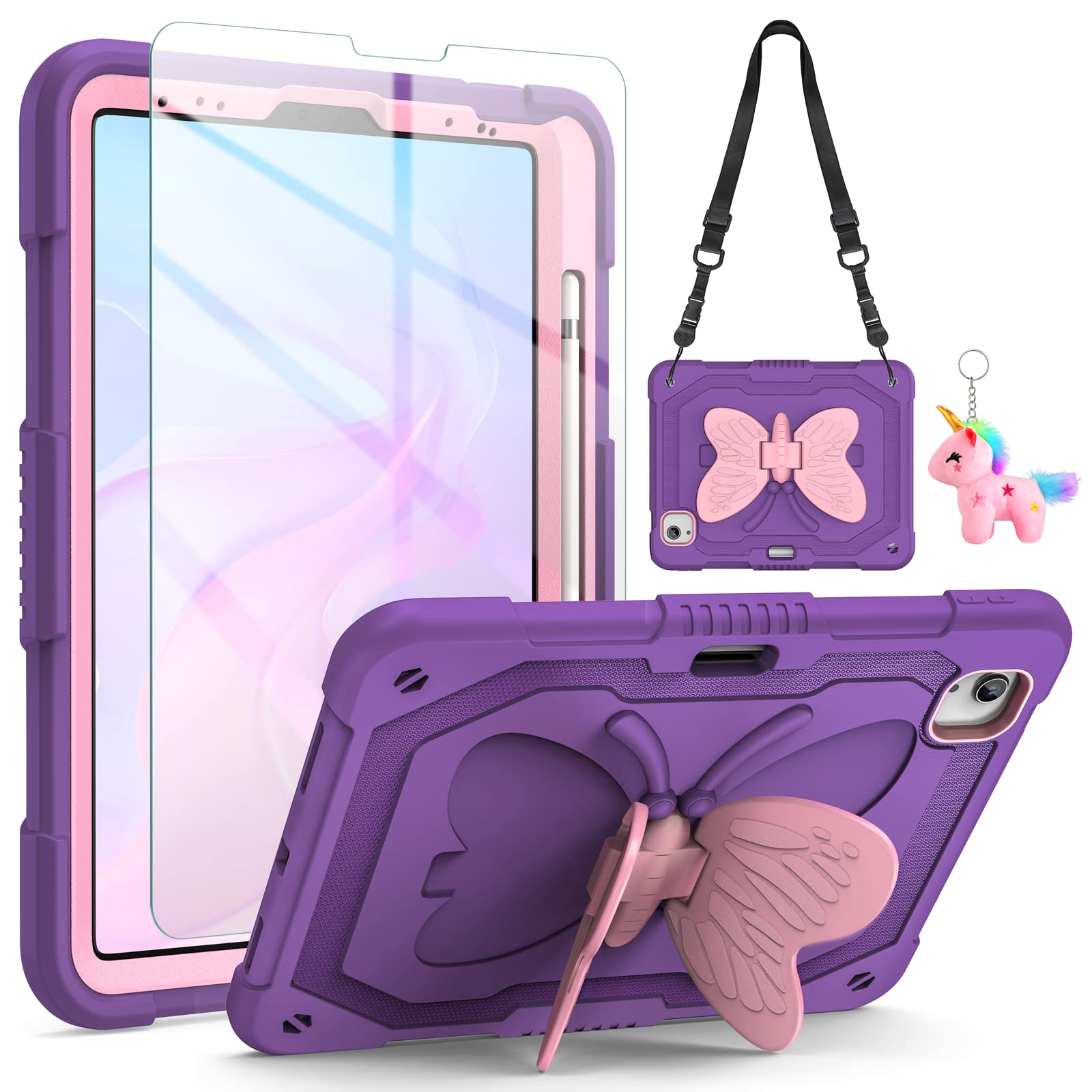 iPad Air 5th/4th Gen & iPad Pro 11 Inch Case (2022) with Screen Protector - Butterfly Stand, Strap, Pencil Holder & Hard Cover for Kids Girls - Purple | Perfect for School, Travel & Playtime