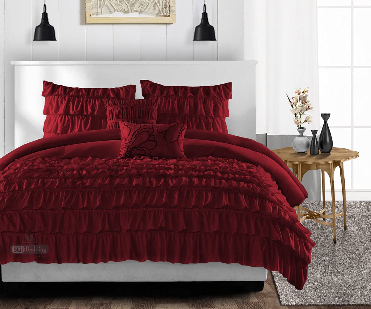 Premium SGI Super King P Plus Comforter Set - 300 GSM Plush Siliconized Microfiber Fill with Ruffled Burgundy Design | Includes Duvet Insert & Pillowcases | Ultra-Soft Quilted Microfiber Shell for Cozy Bedroom Decor | Perfect for Master Bedrooms, Guest Rooms & Luxury Hotels
