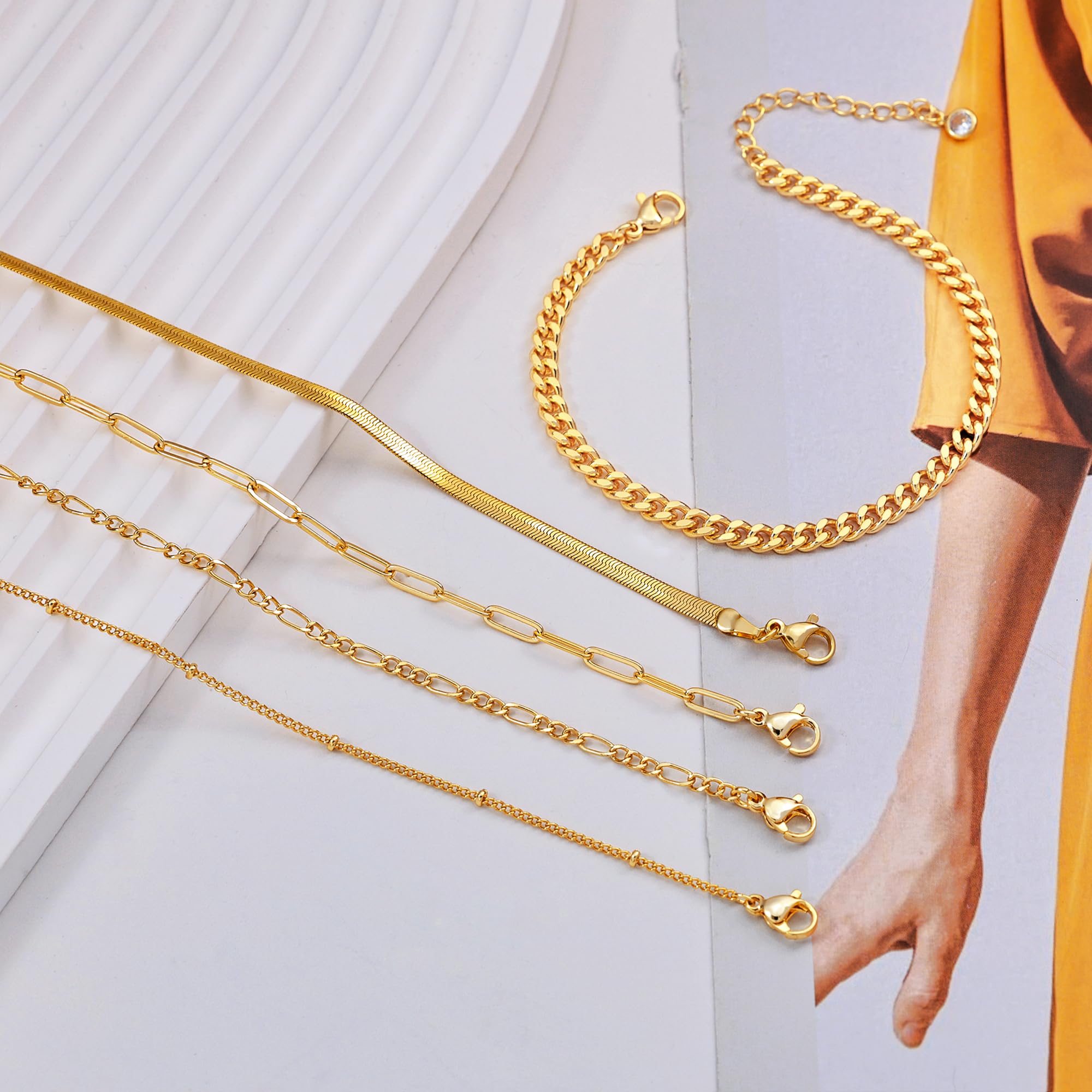 14K Real Gold Bracelets for Women - Stackable Waterproof Jewelry Set with Beaded, Cuban, Paperclip, Snake & Herringbone Chains | Trendy Dainty Cute Bracelet Pack for Everyday Wear, Gifts & Special Occasions