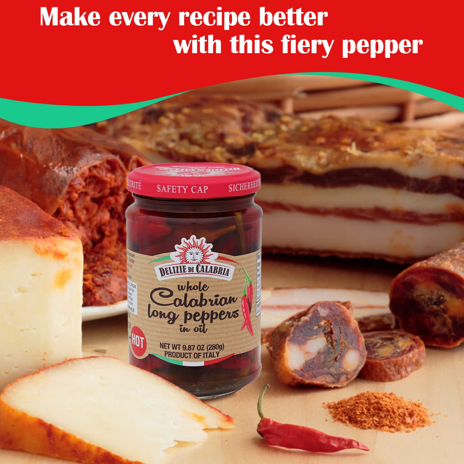 Delizie Di Calabria Whole Calabrian Long Peppers in Oil - Authentic Italian Hot Chili Peppers in White Wine Vinegar & Sunflower Oil - Gourmet Seasoning for Pizza, Pasta, Salads & Sandwiches - Perfect for Italian Recipes, Meal Prep & Charcuterie Boards (9.87 oz)