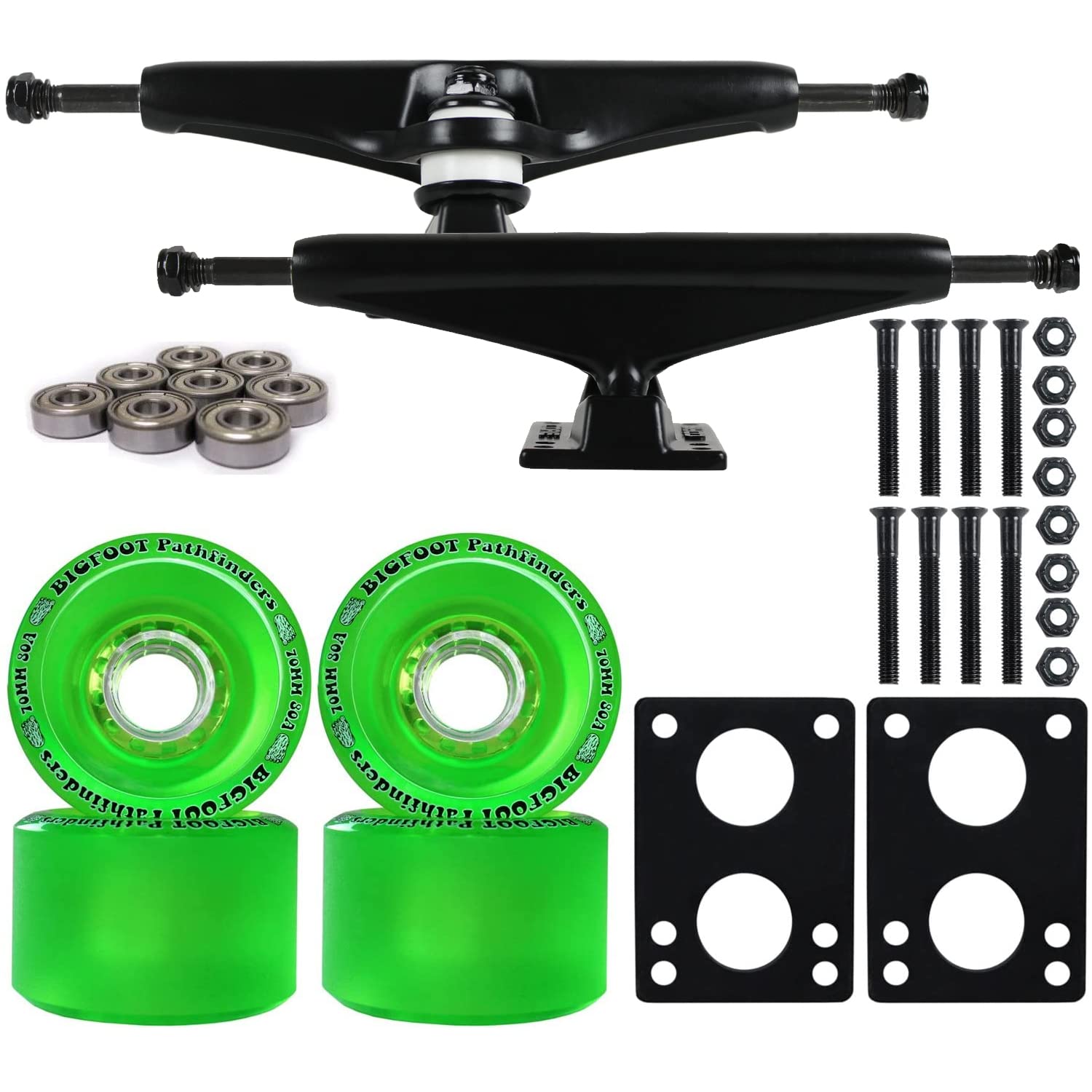 Premium Longboard Skateboard Trucks Combo Set - 70mm Bigfoot Pathfinder Wheels with Polished/Black Trucks, Bearings & Hardware (Green Wheels, 6.0