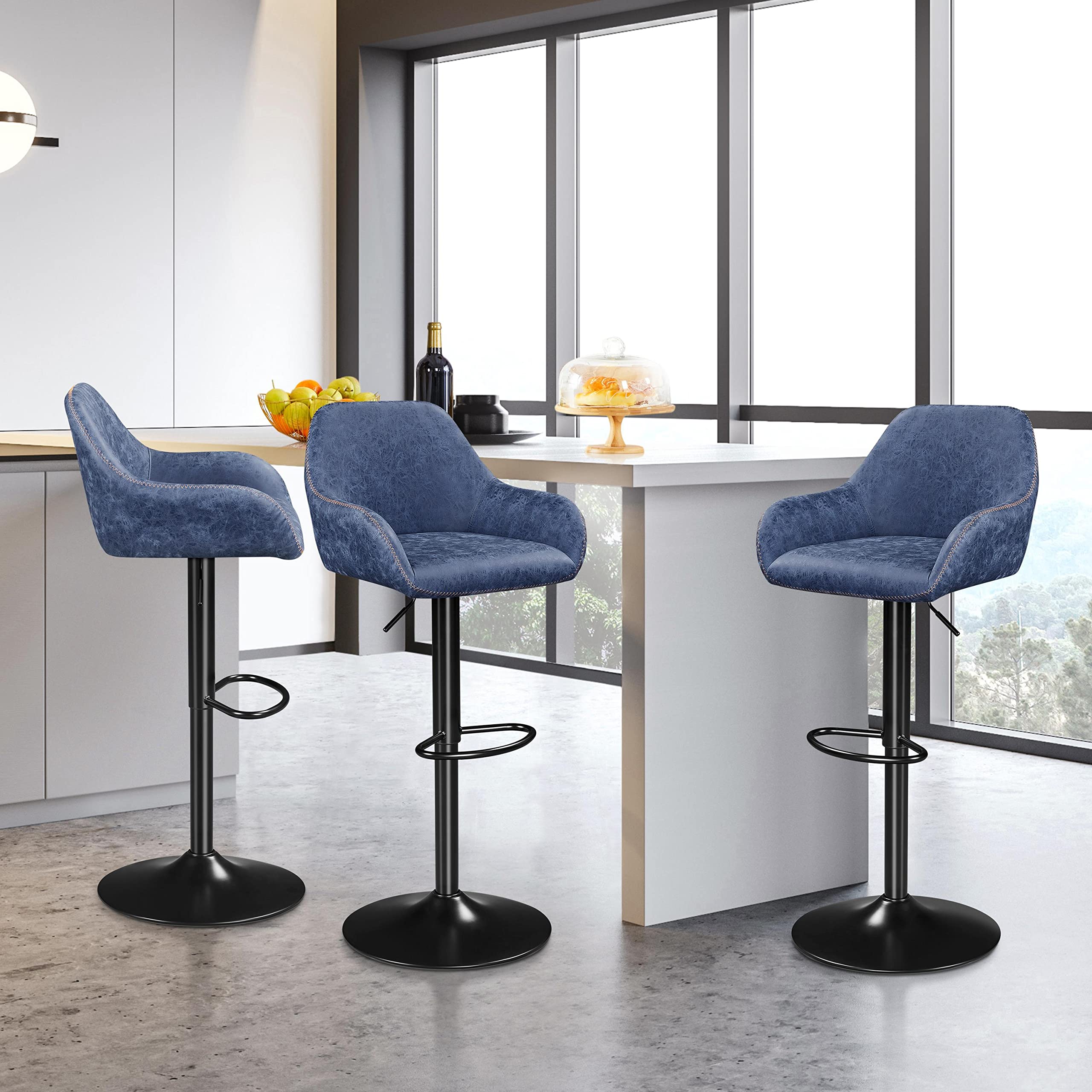 Yaheetech 4-Pack Adjustable Swivel Bar Stools with PU Leather Seat, Backrest & Footrest - Counter Height Kitchen Island Stools for Home, Restaurant & Bar - Modern Blue Bar Chairs for Dining & Entertaining