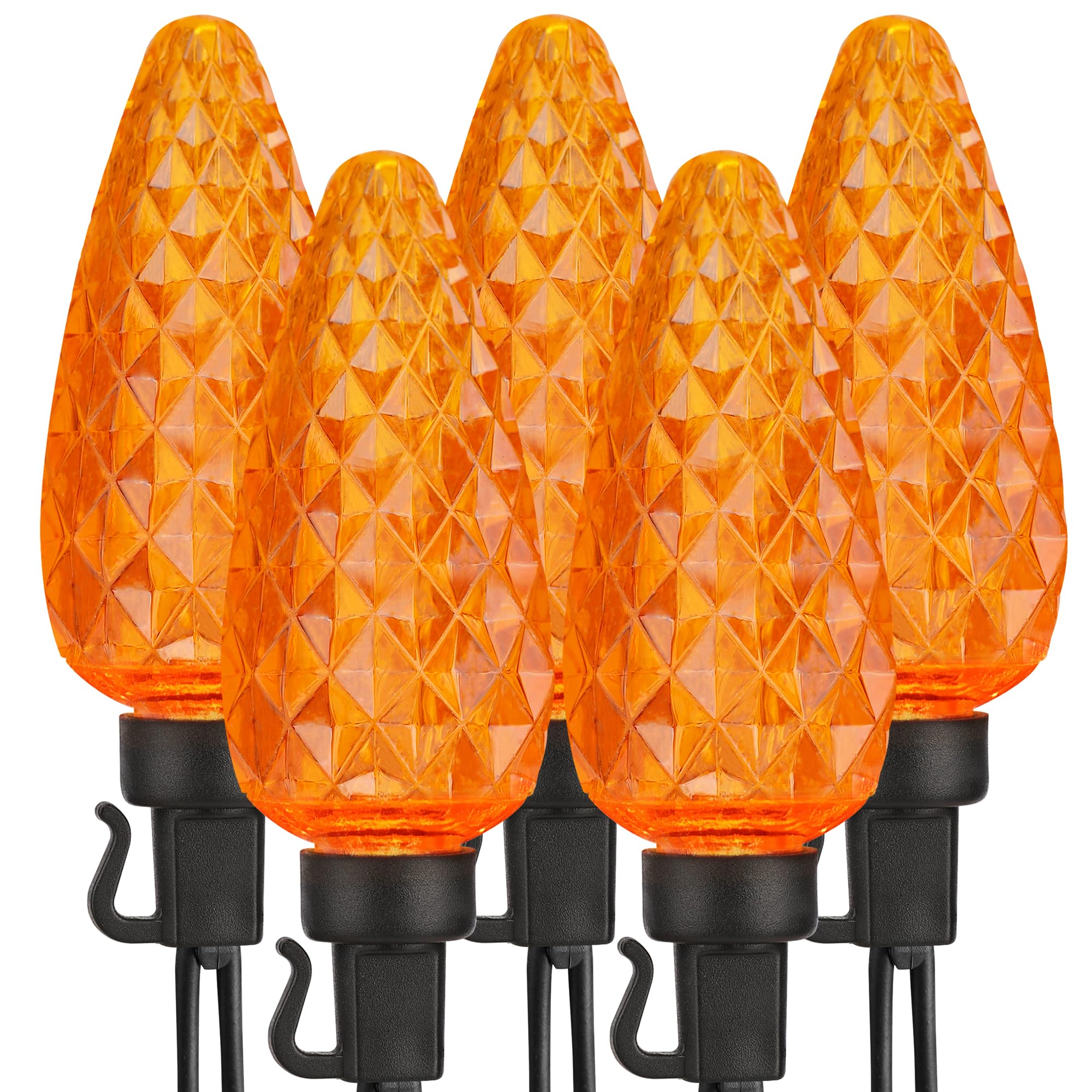 Brizled C9 Halloween Lights - 33ft 50 LED Faceted Orange String Lights, Connectable UL Certified 120V Outdoor Indoor Decor for Garden, Tree, Yard, Patio, Halloween Party & Home Decoration