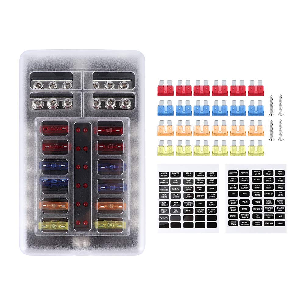12-Way Waterproof Blade Fuse Box with LED Light - Universal Fuse Block Holder for Automotive, Marine, Yacht & Boat Electrical Systems - Perfect for Car Modifications, Marine Applications and RV Wiring Upgrades