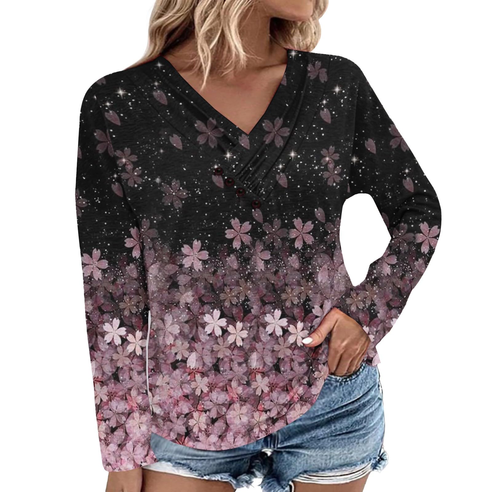 Women's Cotton Linen Long Sleeve V-Neck Button Down Tunic Top - Casual Loose Fit Pullover Blouse for Everyday Wear & Office Outfits