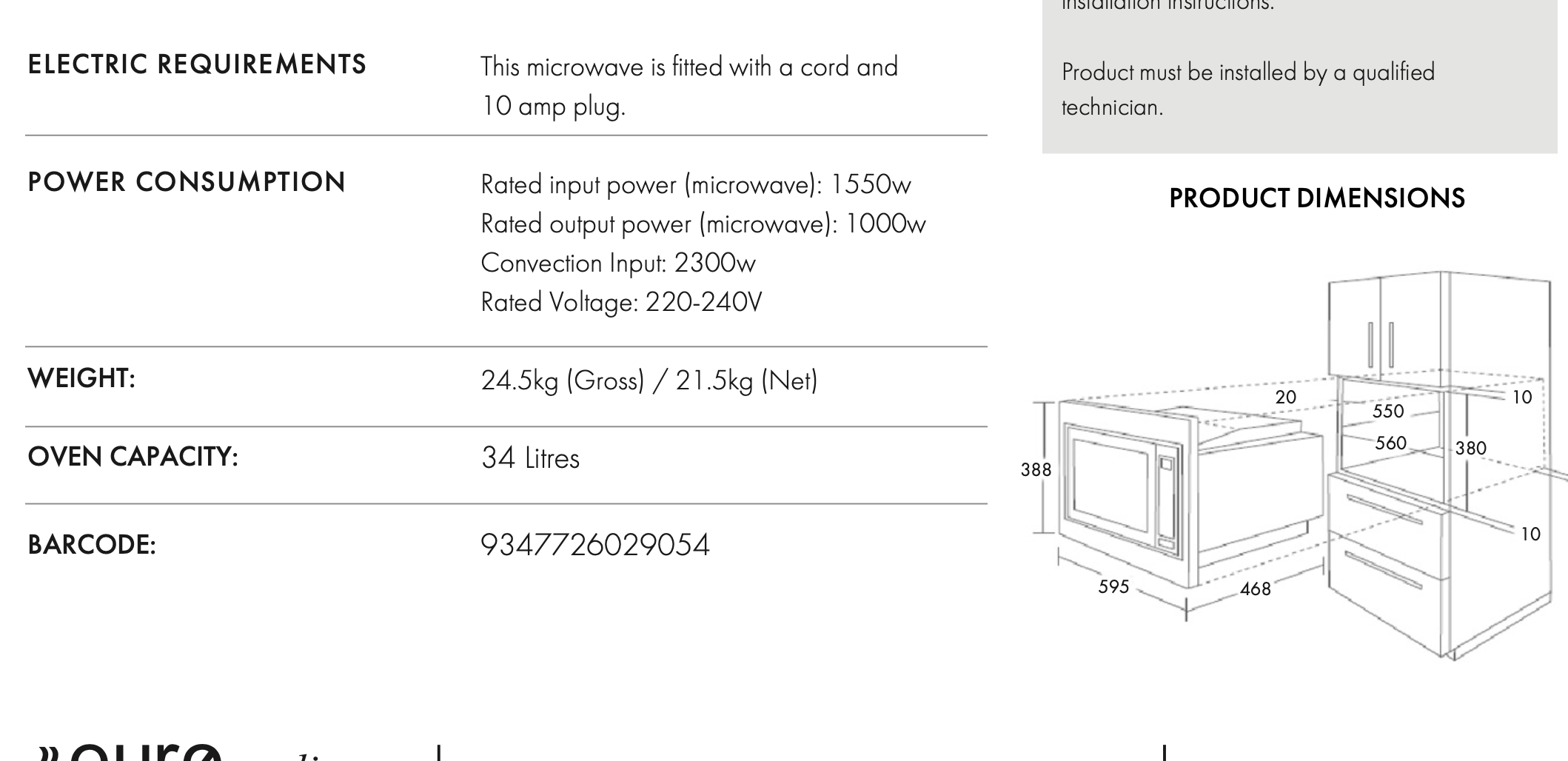 Euro Appliances EMW34TBK 34L Black Convection Microwave Oven with Touch Control - Perfect for Small Kitchens & Fast Cooking - Ex-Display Discount