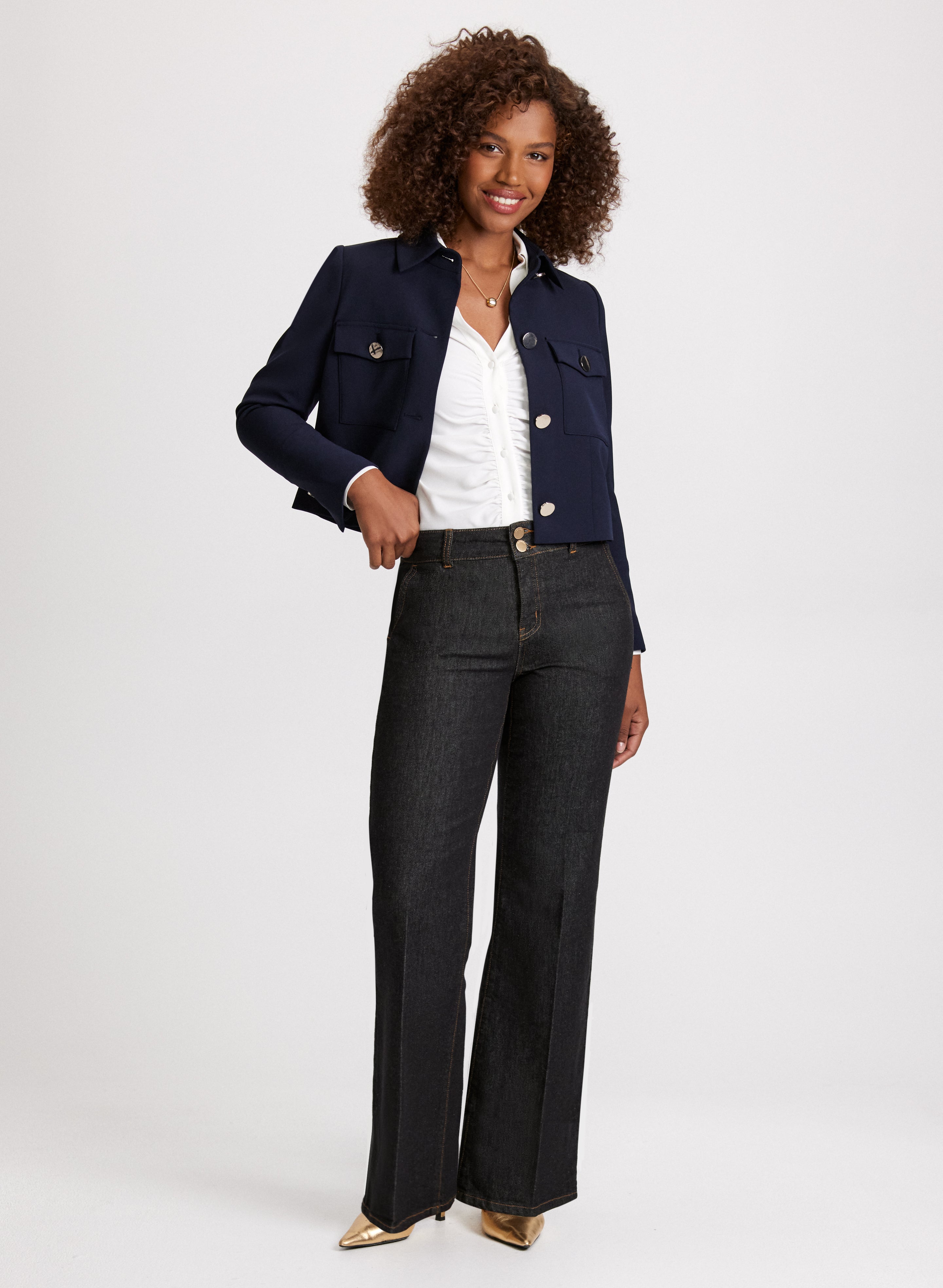 Cropped Twill Jacket & Flare Leg Jeans Set - Women's Casual Outfit for Spring & Fall | Perfect for Street Style, Date Night & Weekend Outings