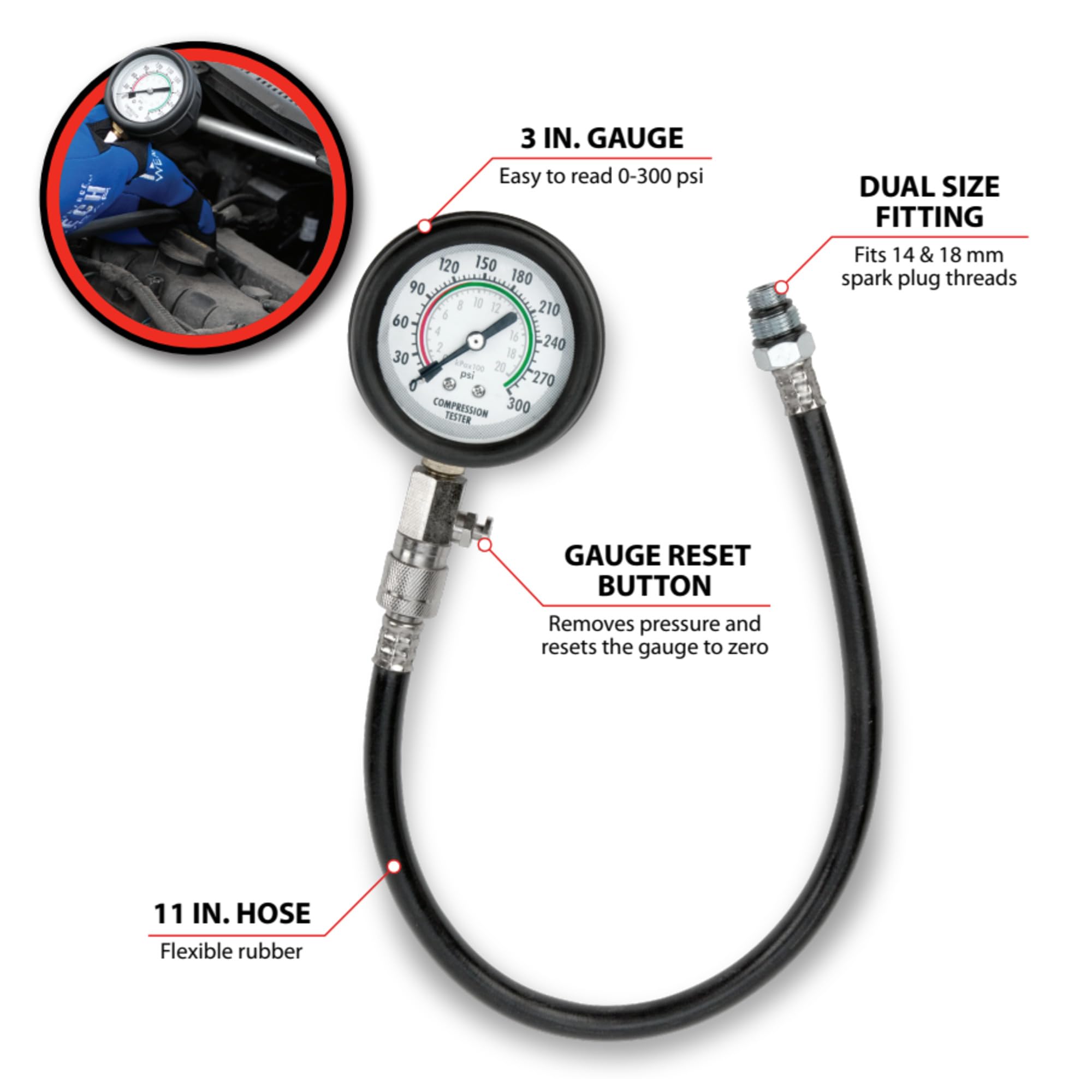Performance Tool W80579 Flex Drive Compression Tester Kit - Professional Automotive Engine Diagnostic Tool for Mechanics | Perfect for Engine Performance Testing & Maintenance
