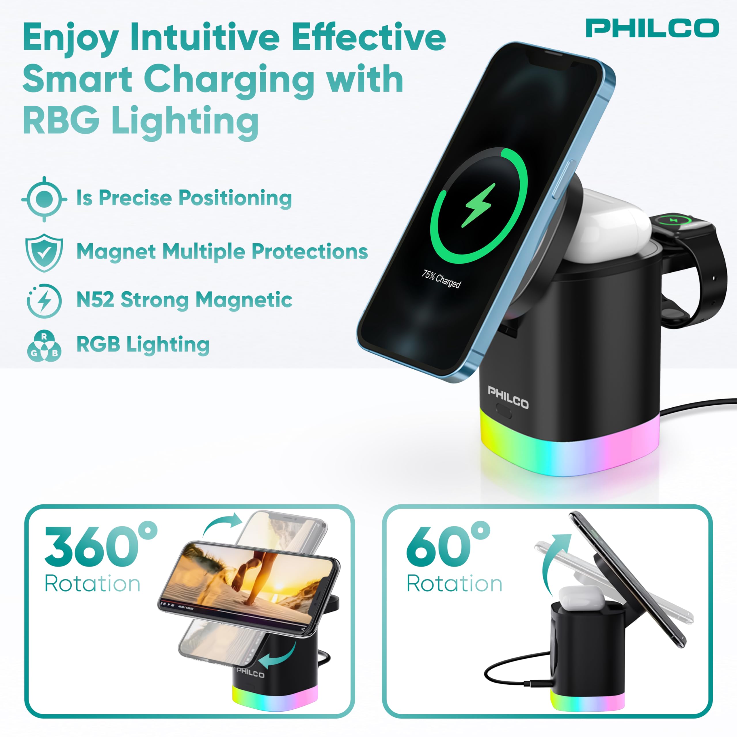 3-in-1 Magnetic Wireless Charging Station for iPhone 11/12/13/14/15/16 - 15W Fast Magsafe Charger with USB-C Port | Compatible with Apple Watch & AirPods | Foldable Compact Design & RGB Color Changing Light | Perfect for Home, Office & Travel Charging