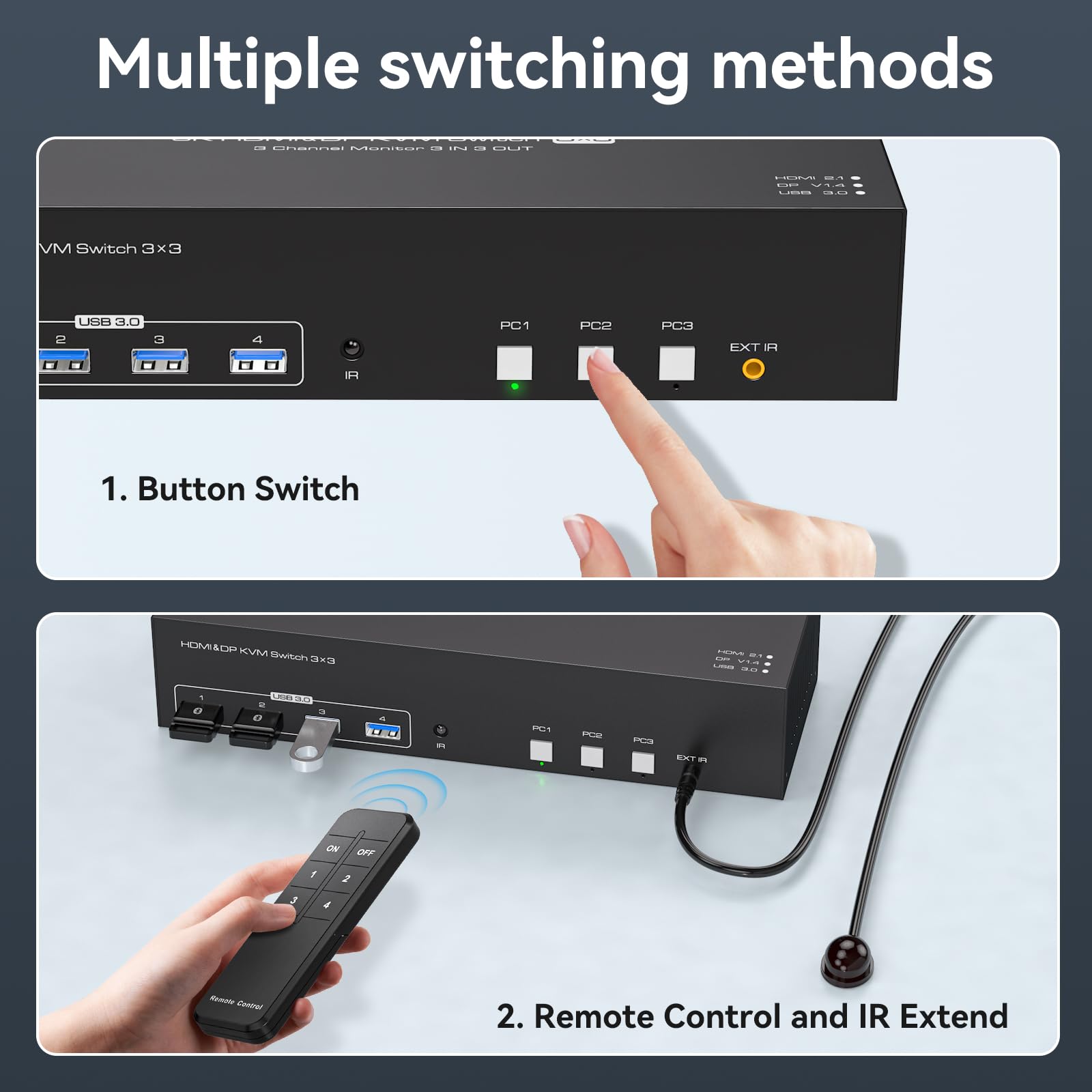 PVBCTCSID 8K 2 DisplayPort HDMI KVM Switch - 3 Monitors for 3 Computers, 4K 144Hz Triple Monitor KVM for 3 PCs, Share 3 Screens with 4 USB 3.0 Ports & Remote Control - Perfect for Gaming, Office Work & Multi-Tasking