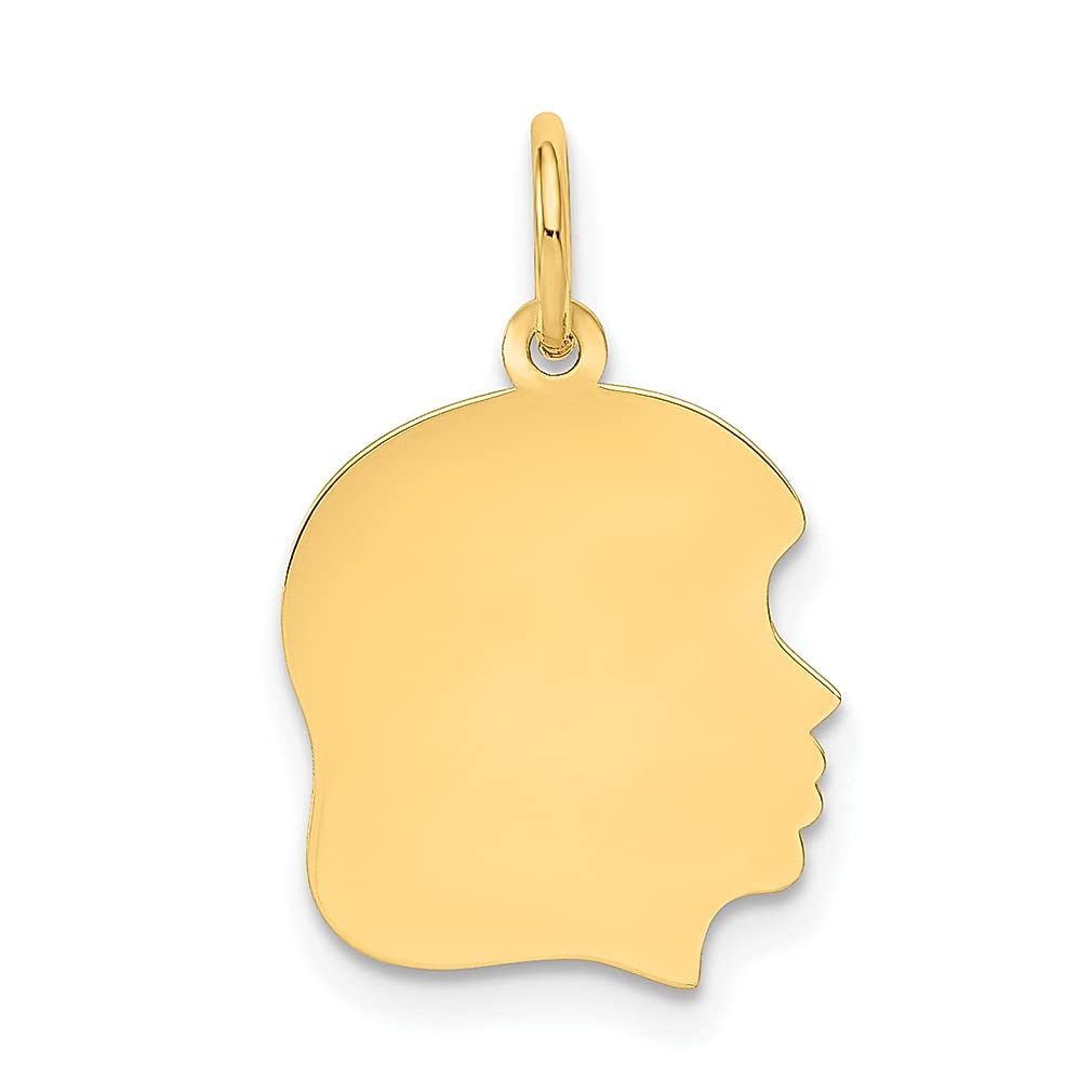 10K Yellow Gold Engravable Girl Head Charm Necklace Pendant - Medium .013 Gauge, Right Facing - Baby Disc Boy Fine Jewelry for Women, Perfect Gift for Her - Ideal for Birthdays, Anniversaries & Mother's Day Gifts