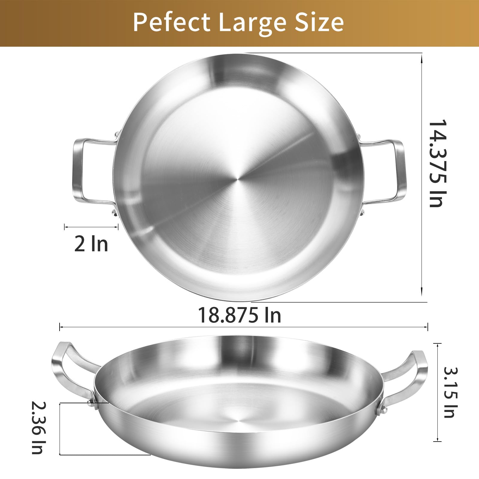 Inqibee 14 Inch Tri-Ply Stainless Steel Paella Pan with Lid - Large Induction Skillet, Omelet Pan, Griddle & Jumbo Cooker - Oven & Dishwasher Safe - Perfect for Spanish Cuisine, Family Meals & Outdoor Cooking