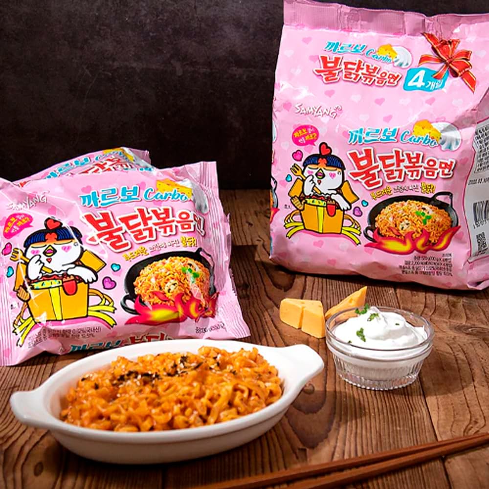 Samyang Carbonara Buldak Hot Chicken Flavor Ramen Noodles - 2 Pack (130g Each) - Spicy Korean Instant Noodles for Quick Meals, Late Night Snacks & Asian Food Lovers