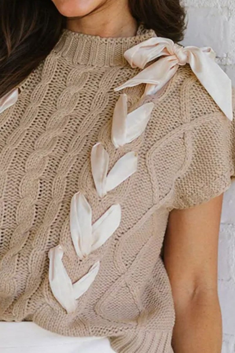 Cable Knit Tied Mock Neck Short Sleeve Sweater for Women - Cozy Casual Pullover Top for Fall & Winter - Perfect for Office, Date Night and Weekend Outfits