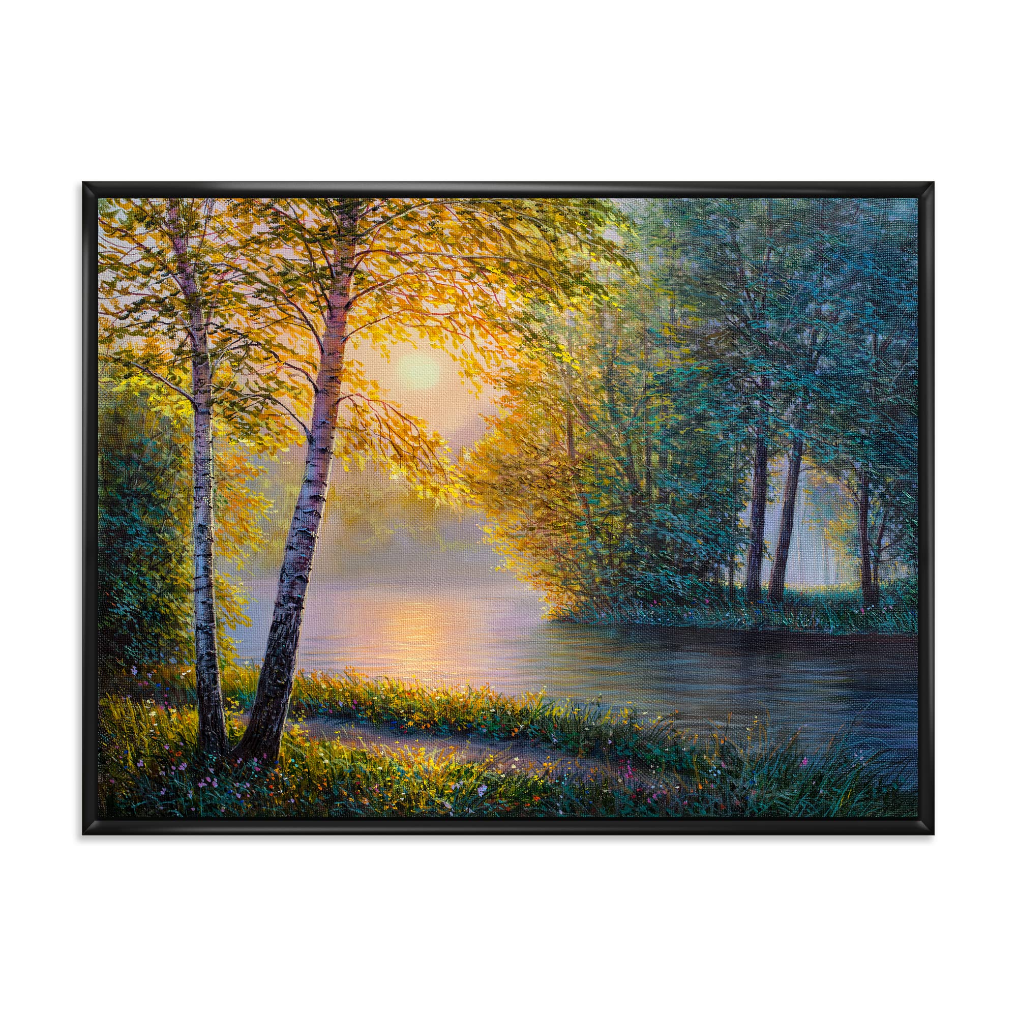 DesignQ Morning Summer Landscape with River, Spring Forest & Lake House - Framed Canvas Wall Art Print for Living Room, Bedroom & Office Decor