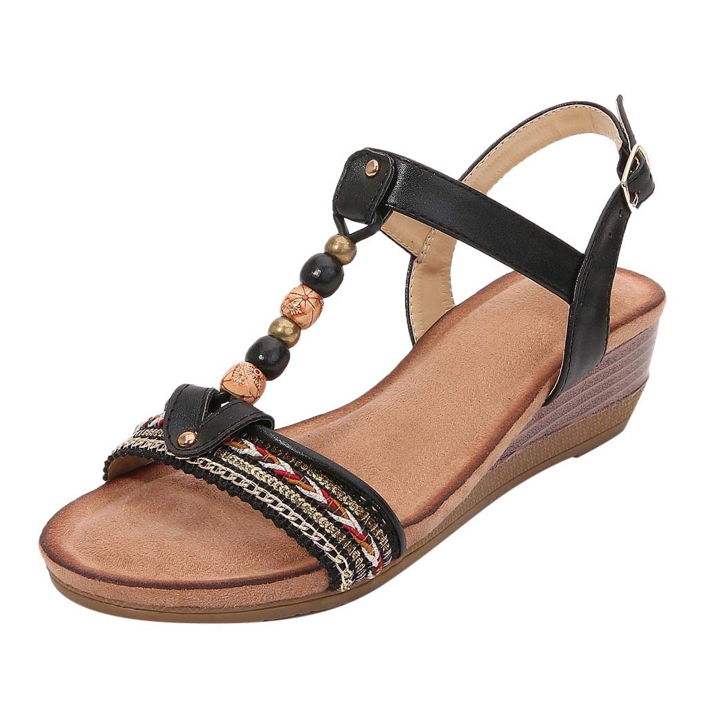 Women's Bohemian Beaded Aqua Sandals - Vintage Roman Wedge Open Toe Beach Sandals for Women | Perfect for Summer Vacations, Pool Parties & Boho Fashion Outfits