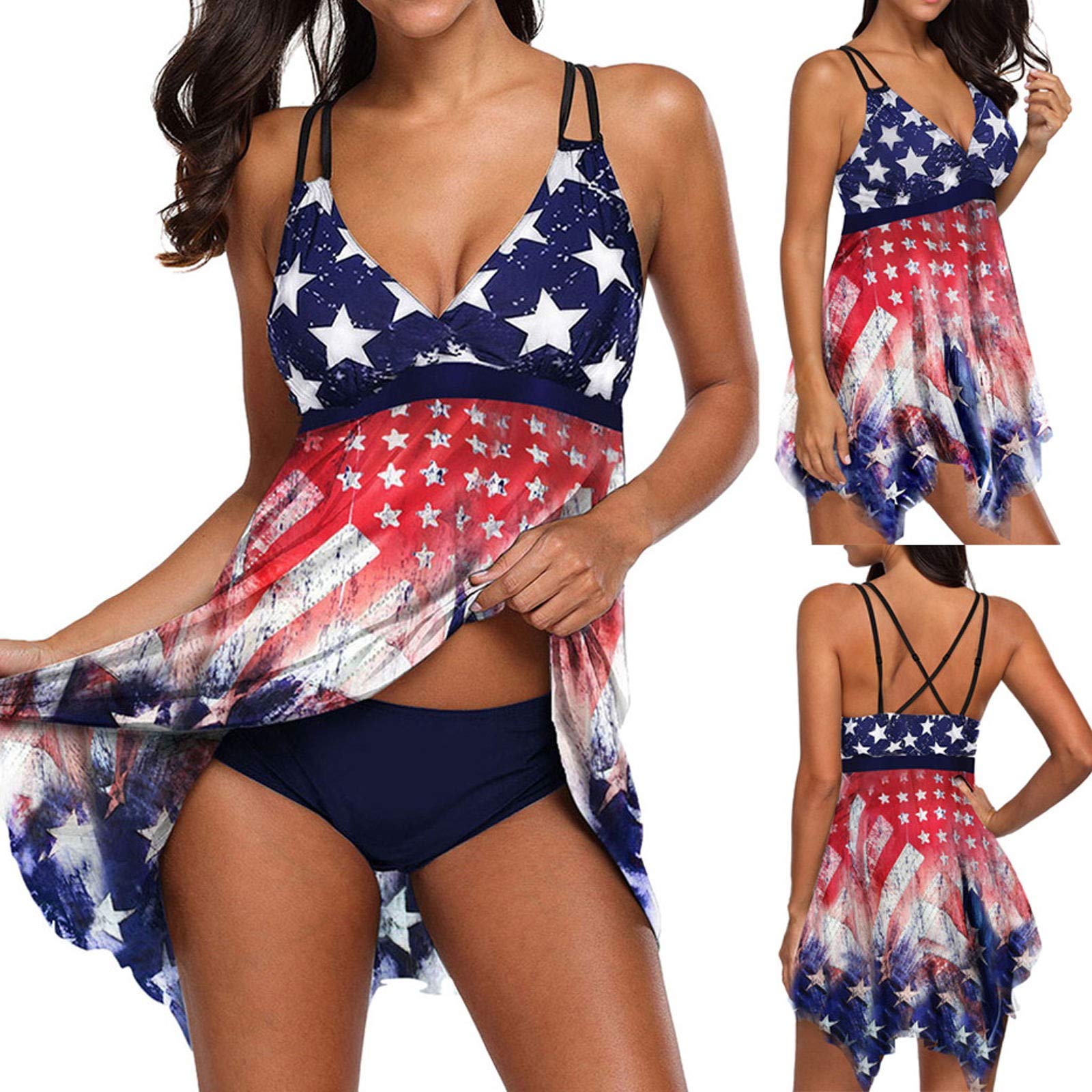 2021 New Women's Plus Size American Flag Crisscross Back Swimskirt Two Piece Swimsuit - Summer Bikini Set for Beach, Pool & Vacation Swimwear