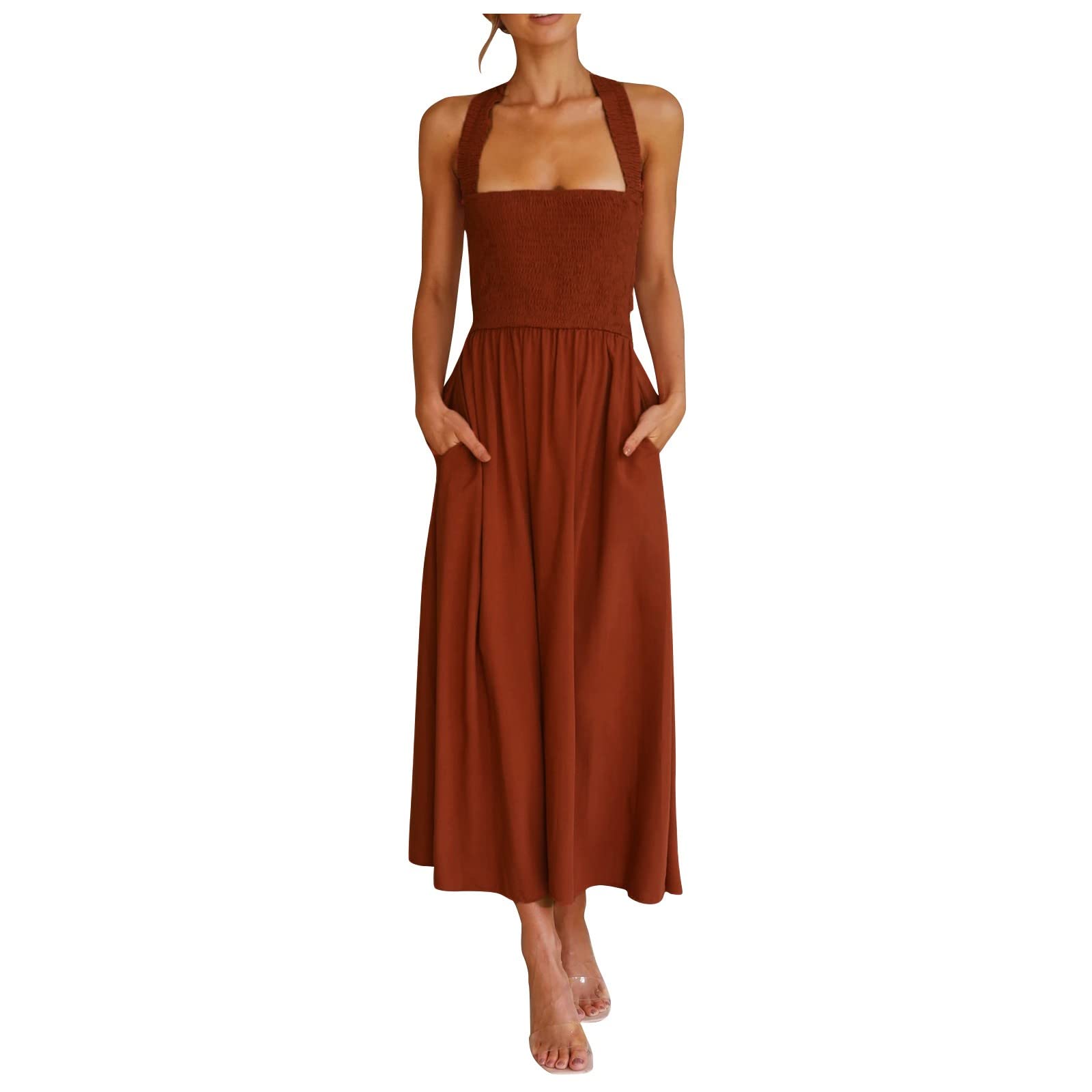 Boho Summer Maxi Dress for Women - Sleeveless Halter Neck Solid Color Long Sundress, Backless A-Line Loose Fit | Perfect for Beach Vacations, Music Festivals & Casual Outings