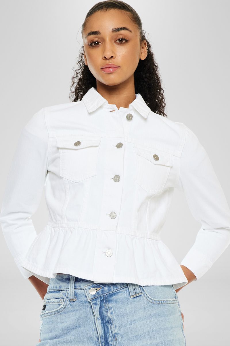 Marilou Peplum Denim Jacket for Women - Stylish Distressed Denim Coat with Ruffled Hem | Perfect for Casual Outings, Date Nights & Spring Layering