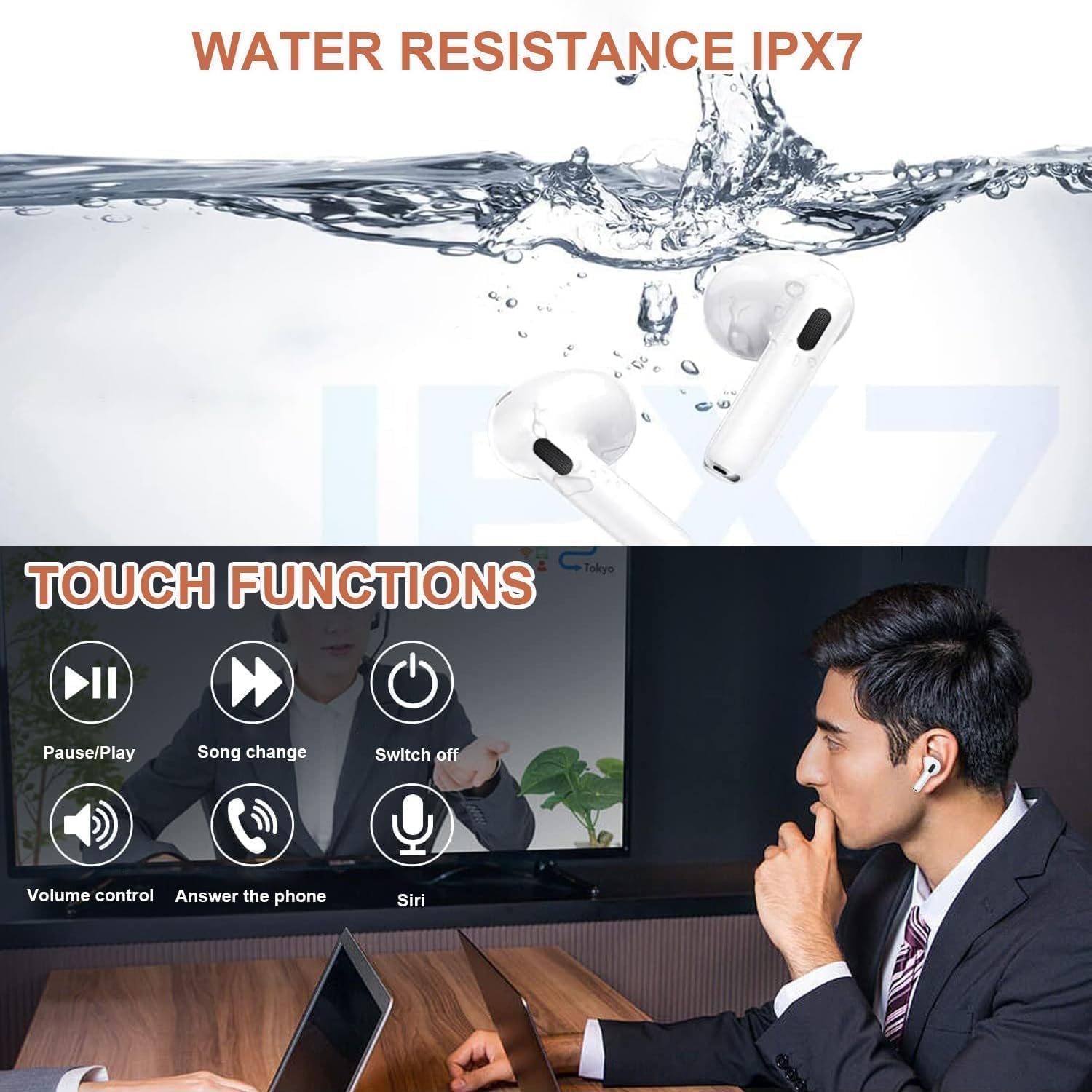 MFi Certified Wireless Earbuds Bluetooth 5.0 IPX7 Waterproof Headphones with Fast Charging Case, Hi-Fi Stereo Sound & Built-in Mic for iPhone/Android/iOS - Perfect for Gym, Running, Travel & Workouts