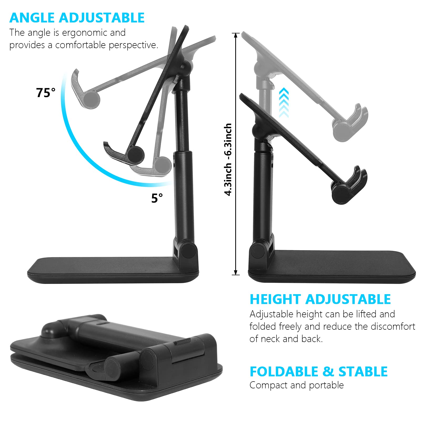 Adjustable Folding Phone Stand for Desk - Universal Cell Phone & Tablet Holder (4-10 Inch) - Perfect for Office, Home, Video Calls & Hands-Free Viewing (Black)