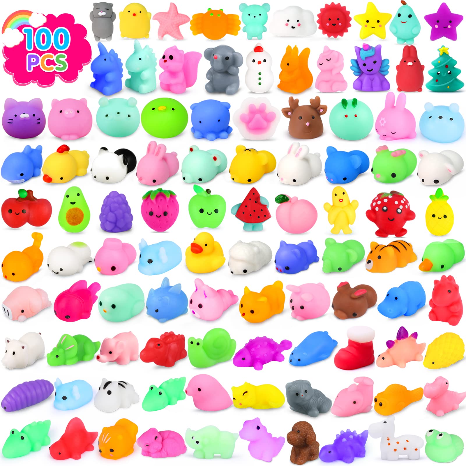 100Pcs Kawaii Mochi Squishy Toys - Stress Relief for Kids, Party Favors & Classroom Prizes - Valentine's Day & Easter Gifts