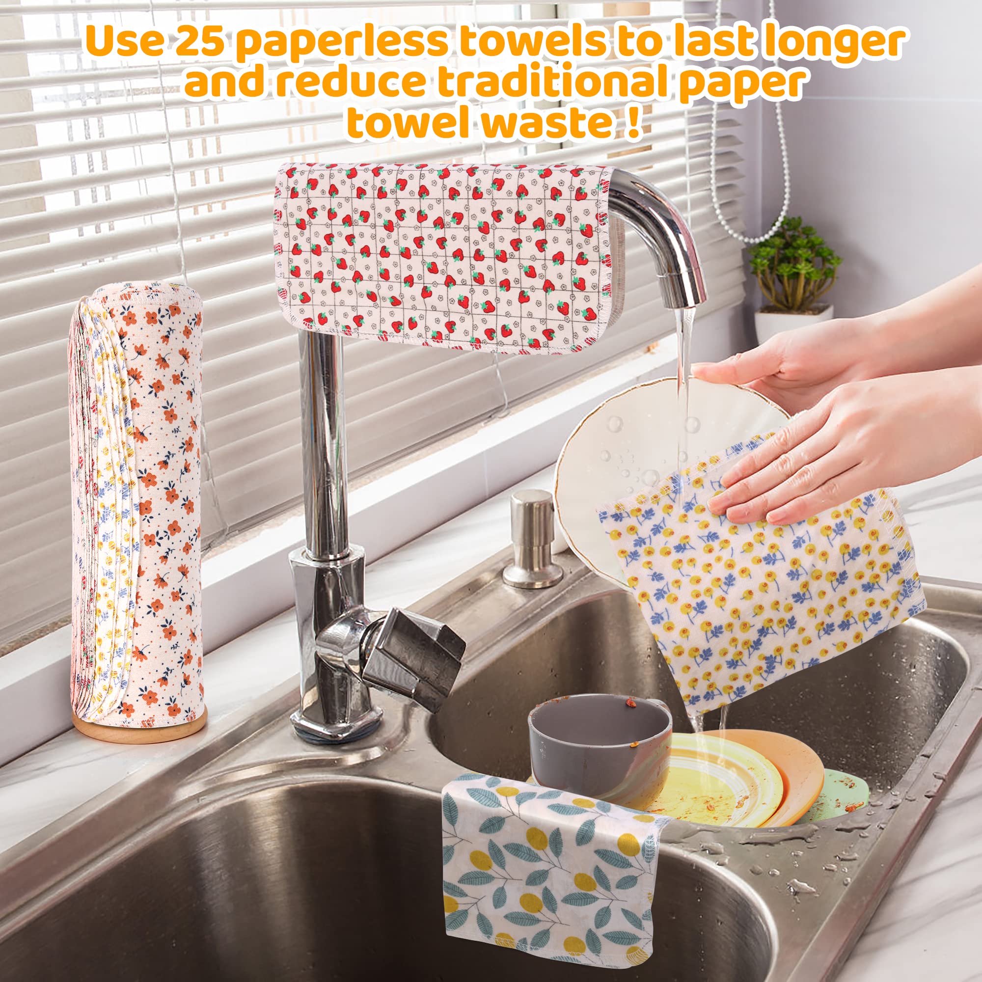 25-Pack Reusable Washable Cotton Flannel Paper Towels Roll - 10x10 Inch Super Soft & Absorbent Kitchen Towels with Cardboard Roll | Fits All Holders | Eco-Friendly Alternative for Cleaning, Spills & Household Chores