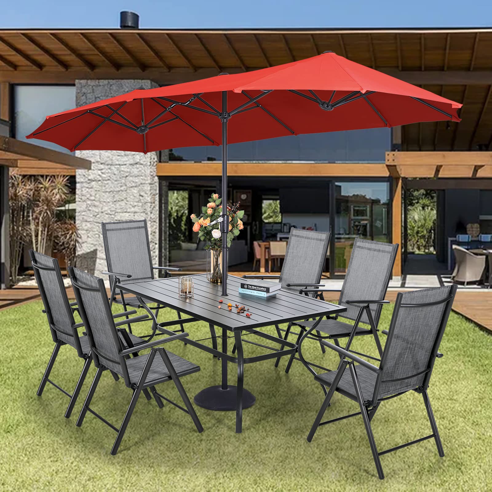 Sophia & William 7-Piece Outdoor Dining Set with 13ft Red Umbrella - Folding Metal Patio Table & Sling Chairs for 6, Grey - Perfect for Backyard BBQs, Poolside Gatherings & Garden Entertaining