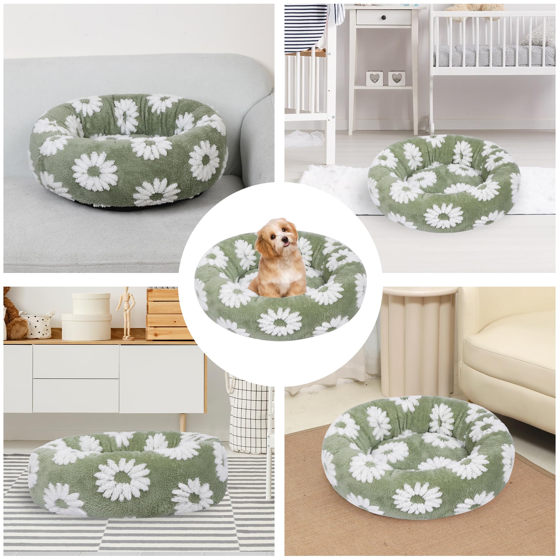 Calming Donut Dog Bed for Small Pets up to 40 lbs - Washable Anti-Anxiety Round Pet Bed with Non-Slip Bottom - Fluffy & Cozy for Dogs & Cats (White, 28