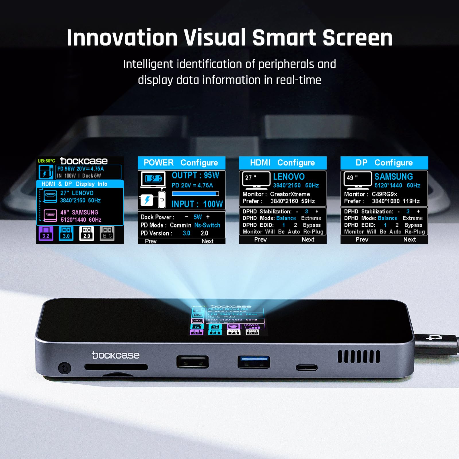 DOCKASE 10-in-1 Smart USB-C Hub with Dual 4K@60Hz HDMI, 100W PD 3.0 Charging, Ethernet Port, USB 3.2 & USB 2.0 Ports, UHS-II SD/TF Card Reader - Compatible with MacBook Pro/Air, Dell XPS (Gray) - Perfect for Home Office, Gaming & Multi-Monitor Setup
