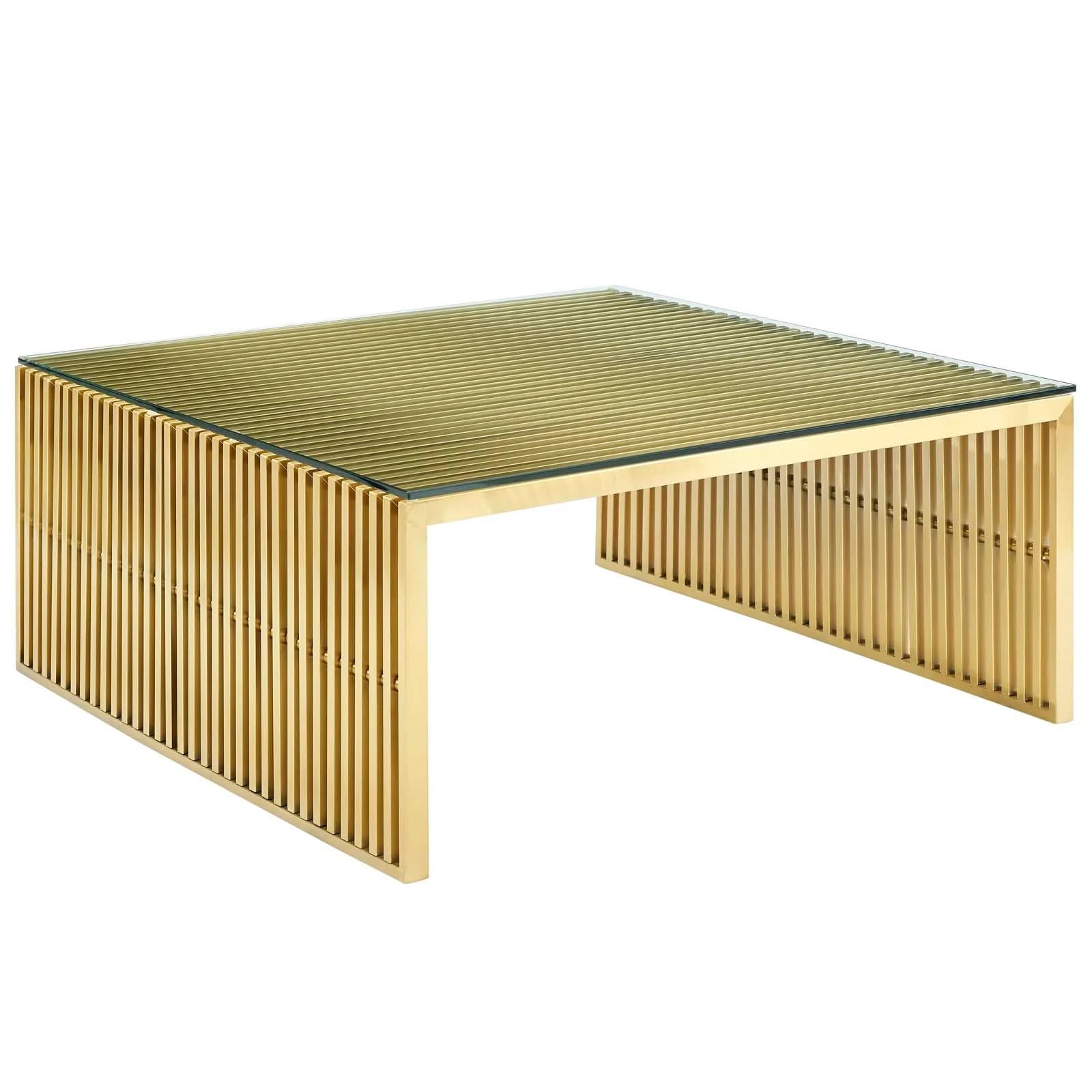 Modway Gridiron Gold Stainless Steel Coffee Table - Modern Glass Top for Living Room