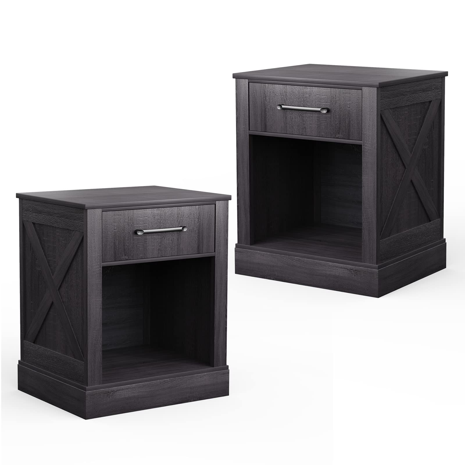 Giantex Farmhouse Nightstand Set of 2, Rustic End Table with Drawers & Open Shelf, Wooden Sofa Side Table for Bedroom, Living Room, Bedside Table - Black (Perfect for Farmhouse, Cottage & Vintage Style Home Decor)