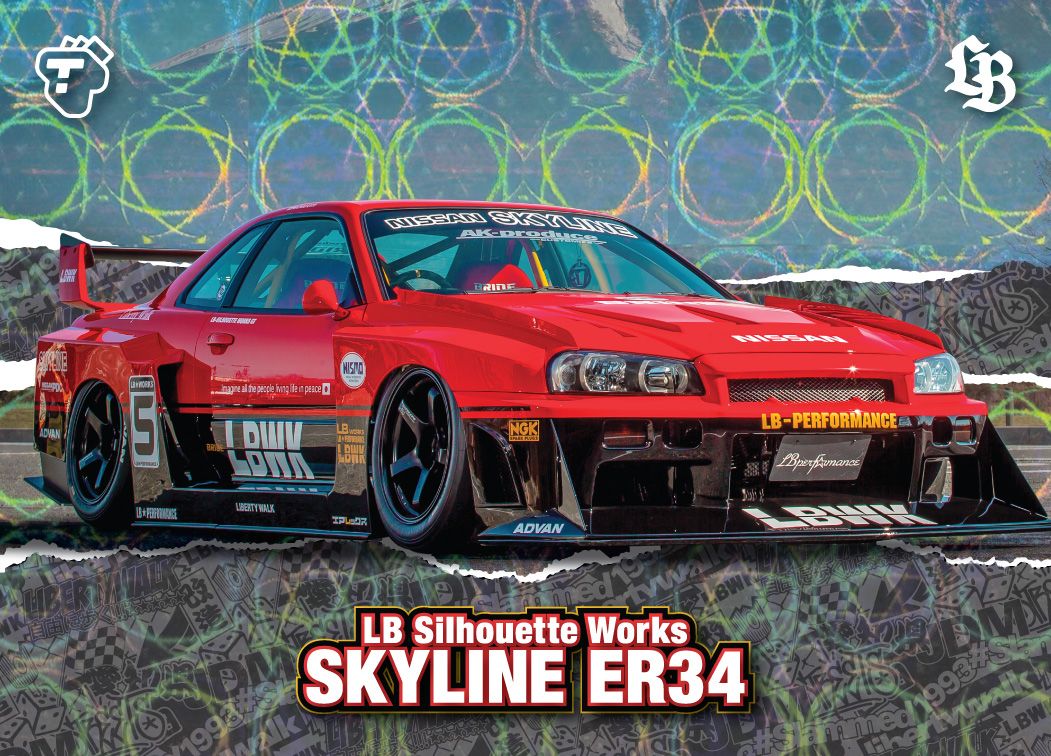 Tarmac Cards LB Liberty Walk Collection Vol.1 Special Parallel - LW TA 07 Skyline ER34 Drift/199 Malaysia Special Edition - Premium Collectible Diecast Model Cars for Display & Racing Enthusiasts