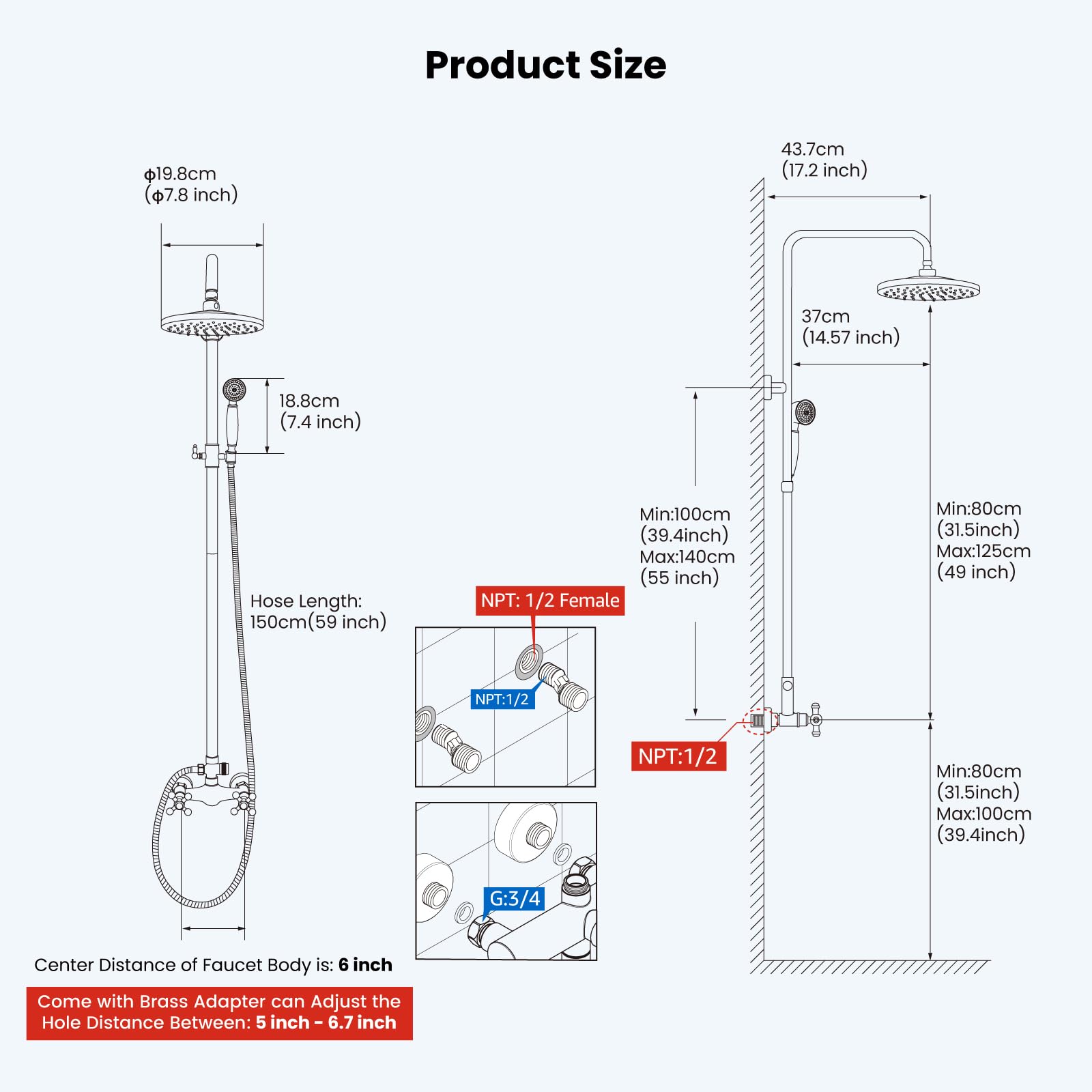 Gotonovo 8 Inch Exposed Bathroom Shower Faucet Set - Antique Brass Rainfall Shower Head & Handheld Shower Combo with Cross Handle Wall Mount (2 Functions) for Luxurious Spa-Like Bathroom Experience