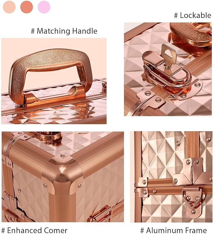 Professional Beauty Makeup Cosmetic Vanity Case - Diamond Cut Rose Gold Travel Organizer for Makeup Brushes & Cosmetics | Perfect for Home, Salon & Travel Use
