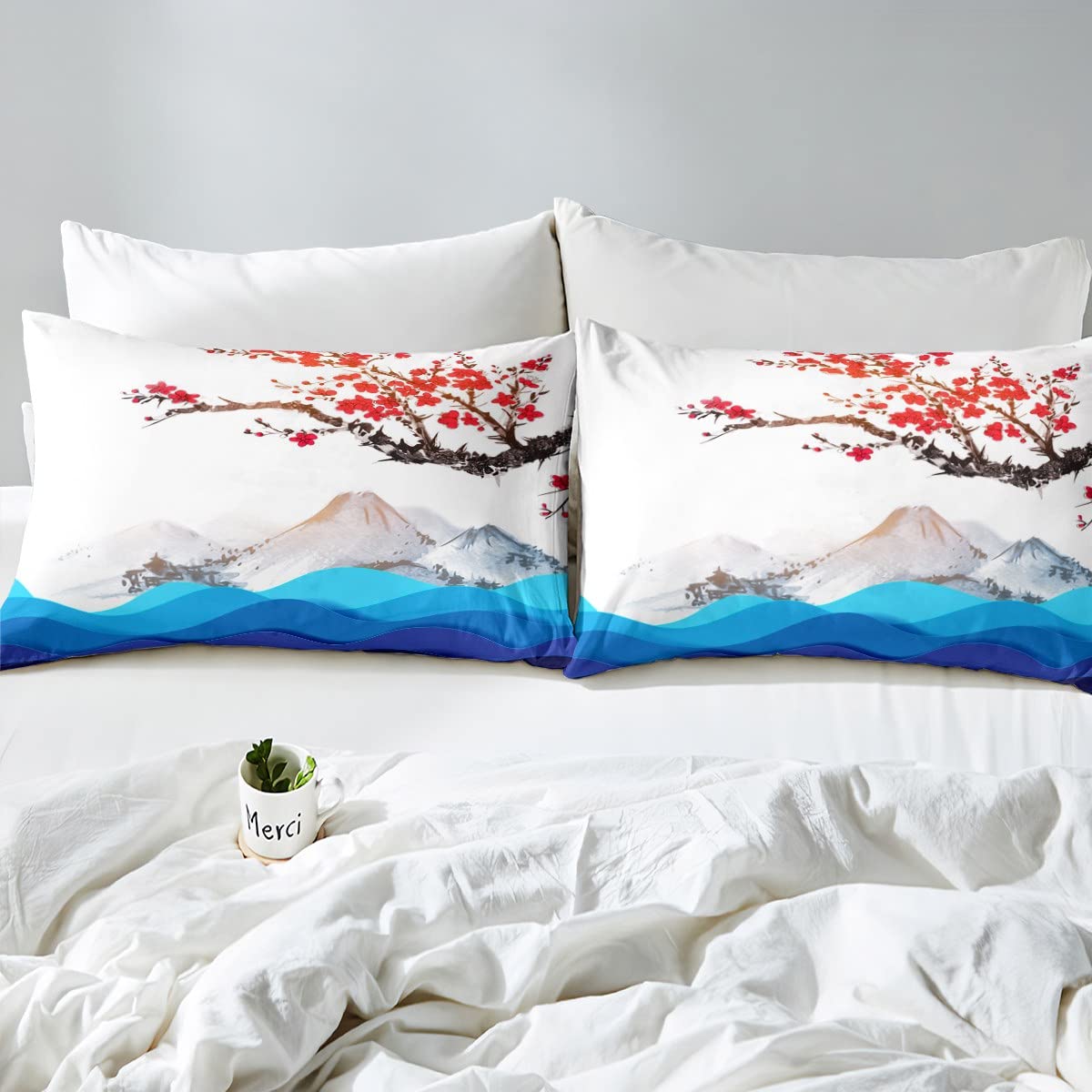 Erosebridal Ukiyoe Themed Duvet Cover Set - Cherry Blossom & Mt. Fuji Japanese Style Bedding for Twin Size | Japanese Sea Waves & Botanical Ink Painting Design | Perfect for Asian-Themed Bedroom Decor & Zen Home Styling