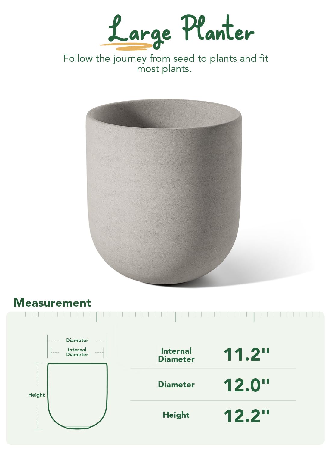 LE TAUCI 12 Inch Ceramic Plant Pots with Drainage Hole - Large Indoor Planters for Home, Garden, Office & Patio - Neutral Gray Planter with Rubber Plug - Perfect for Houseplants, Succulents & Home Decor