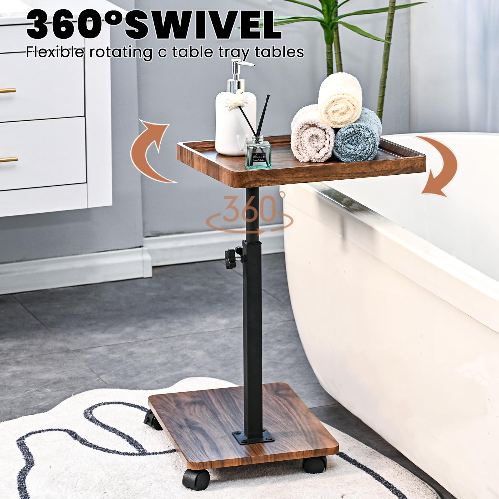 Adjustable Height C-Shaped End Table with 360° Swivel - Walnut Color Side Table for Couch, Bed, Chair & Bathtub - Perfect for Snacks, TV Trays & Sliding Under Furniture