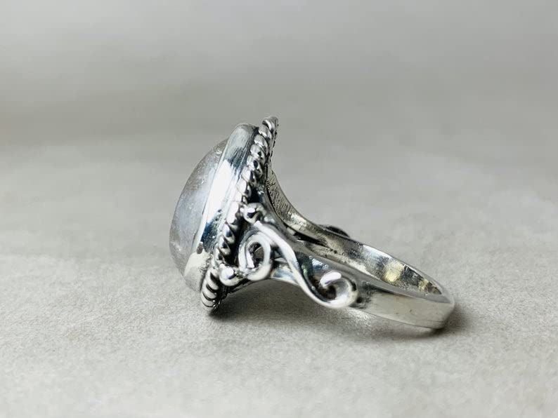 Natural Moonstone Ring - Sterling Silver Blue Fire Pear Rainbow Moonstone Jewelry - June Birthstone & Promise Ring for Women - Perfect for Gifts, Weddings & Everyday Wear (Size N 1/2)