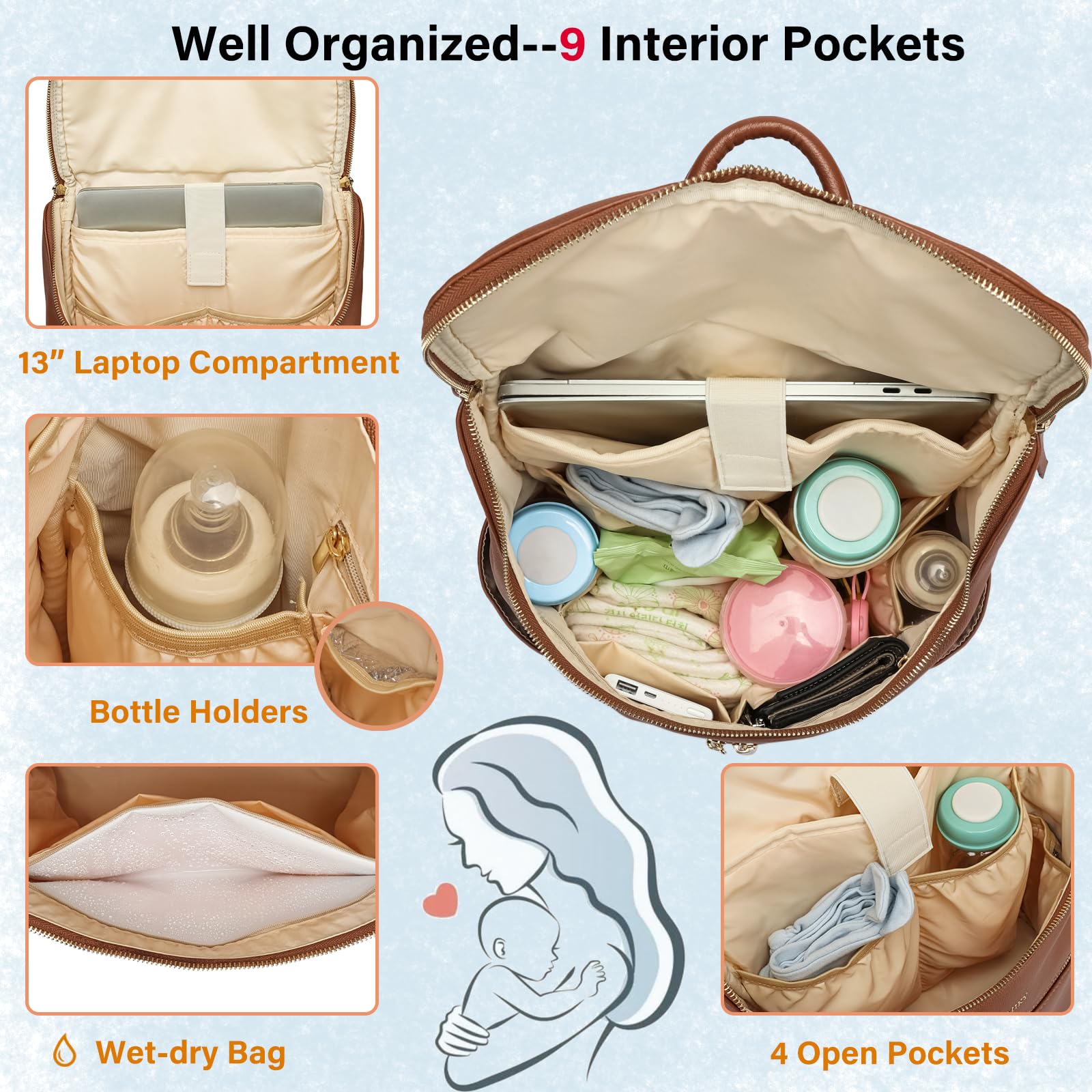 Premium Leather Diaper Backpack for Boys & Girls - Multi-Pocket Baby Bag with Insulated Cooler Compartment | Perfect for Twins, Toddlers & Traveling Parents