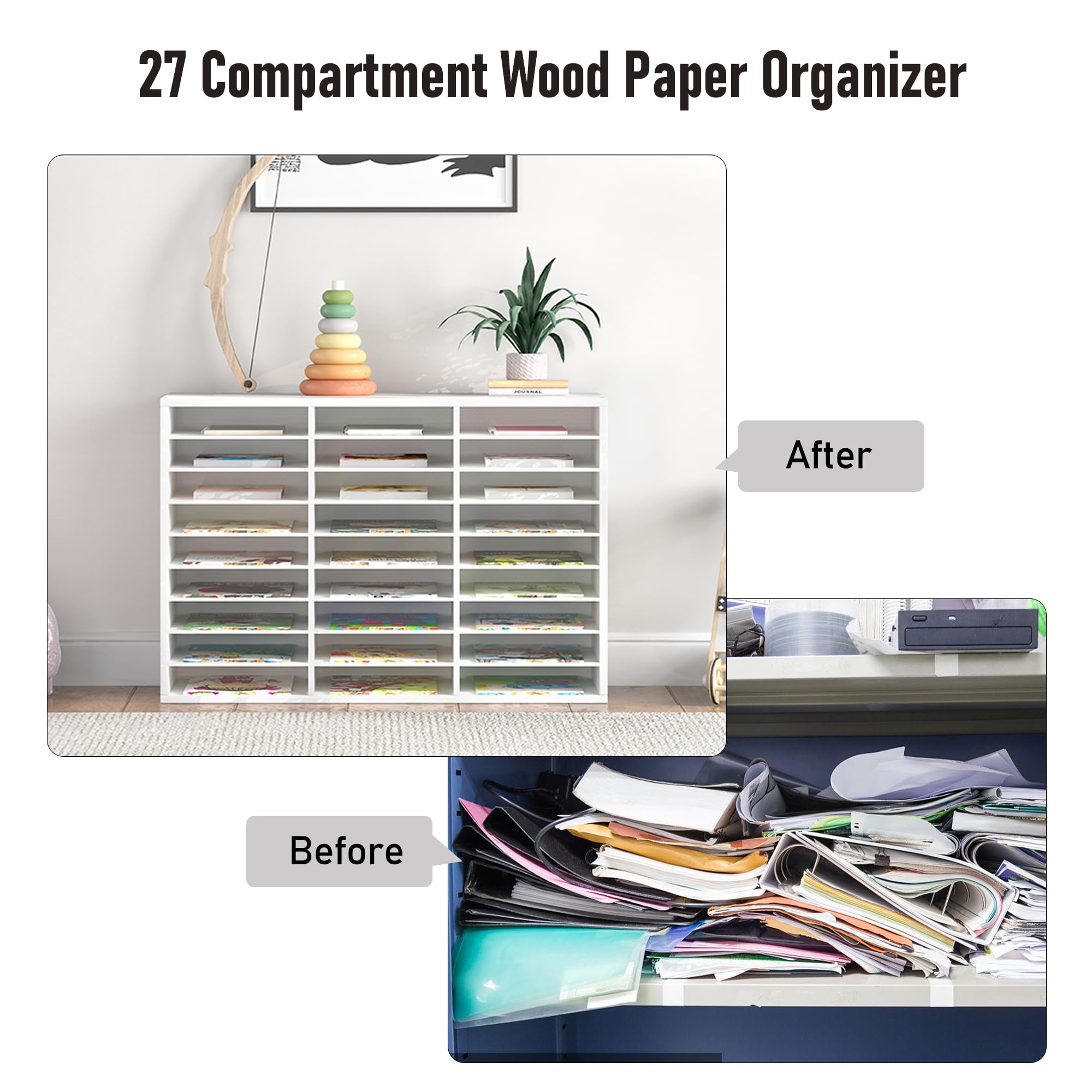 27-Slot Wooden Paper File Organizer for Desk - Large Mail Sorter & Office Supplies Organizer - Perfect for Classroom, Home & Office Workspace (White)