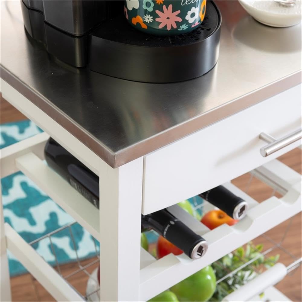 Linon Raven Stainless Steel Rolling Kitchen Island Cart with Wheels, Wine Rack, Pull-Out Drawer & Storage Basket - White | Mobile Microwave Stand for Small Spaces, Extra Counter Space & Kitchen Organization