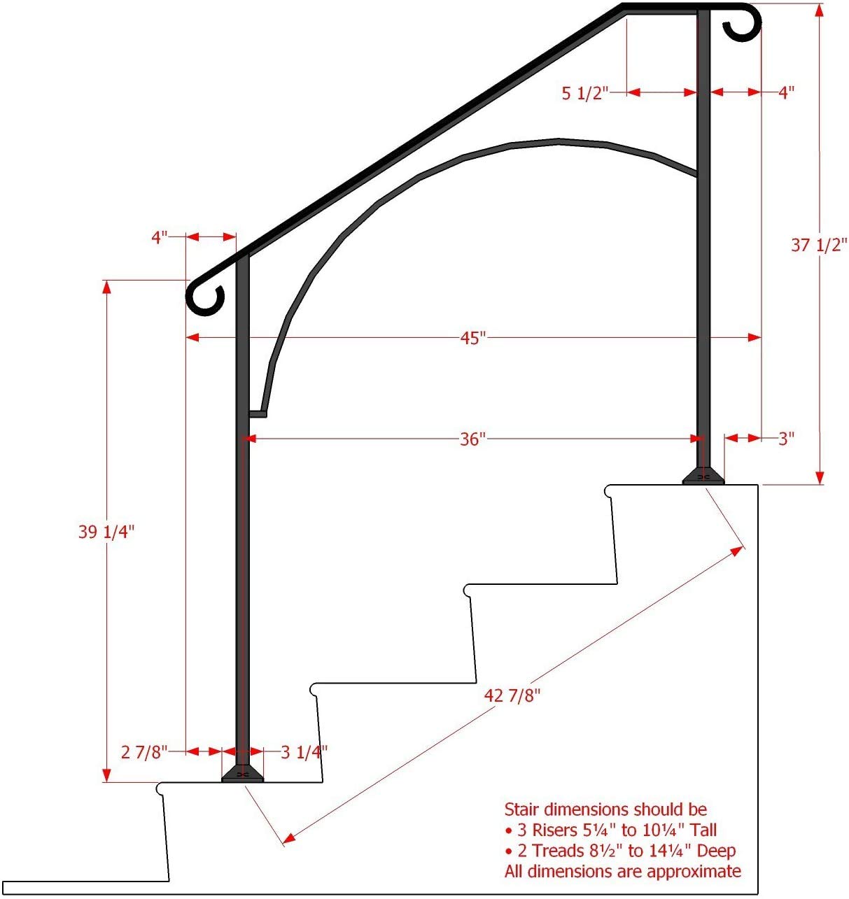 Iron X Handrail Arch #3 for Concrete Steps - Heavy Duty Outdoor Stair Railing - Perfect for Porch, Deck, and Garden Safety
